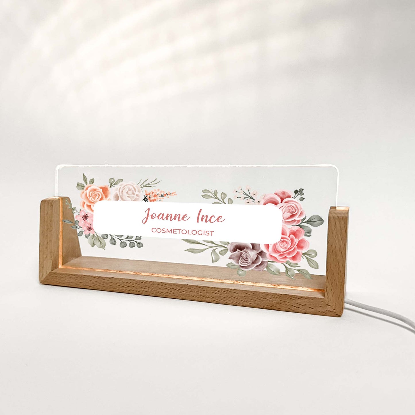 Personalized Desk Name Plate With Wooden Base, orange and red and pink flowers, Lighted LED Light Nameplate, Desk Accessories, Office Gifts for Boss Coworkers, New Job Gifts