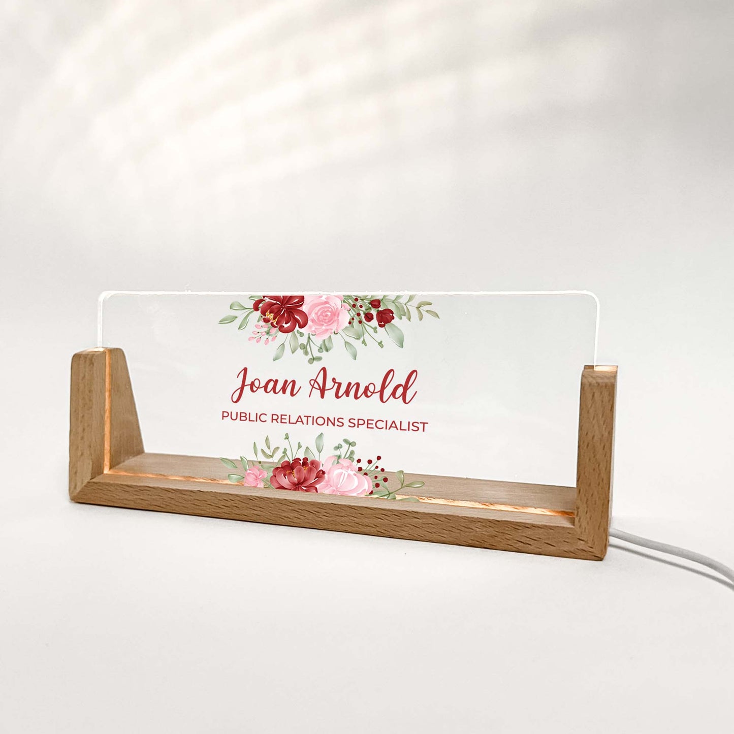 Personalized Desk Name Plate With Wooden Base and red and pink flowers, Lighted LED Light Nameplate, Desk Accessories, Office Gifts for Boss Coworkers, New Job Gifts