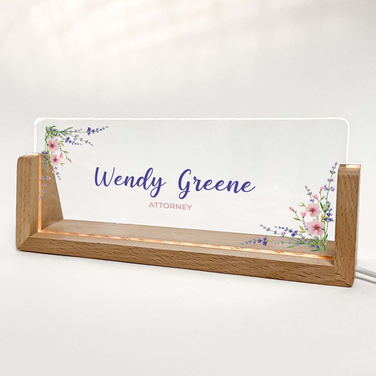 Personalized Desk Name Plate With Wooden Base, Purple colored flowers, Lighted LED Light Nameplate, Desk Accessories, Office Gifts for Boss Coworkers, New Job Gifts