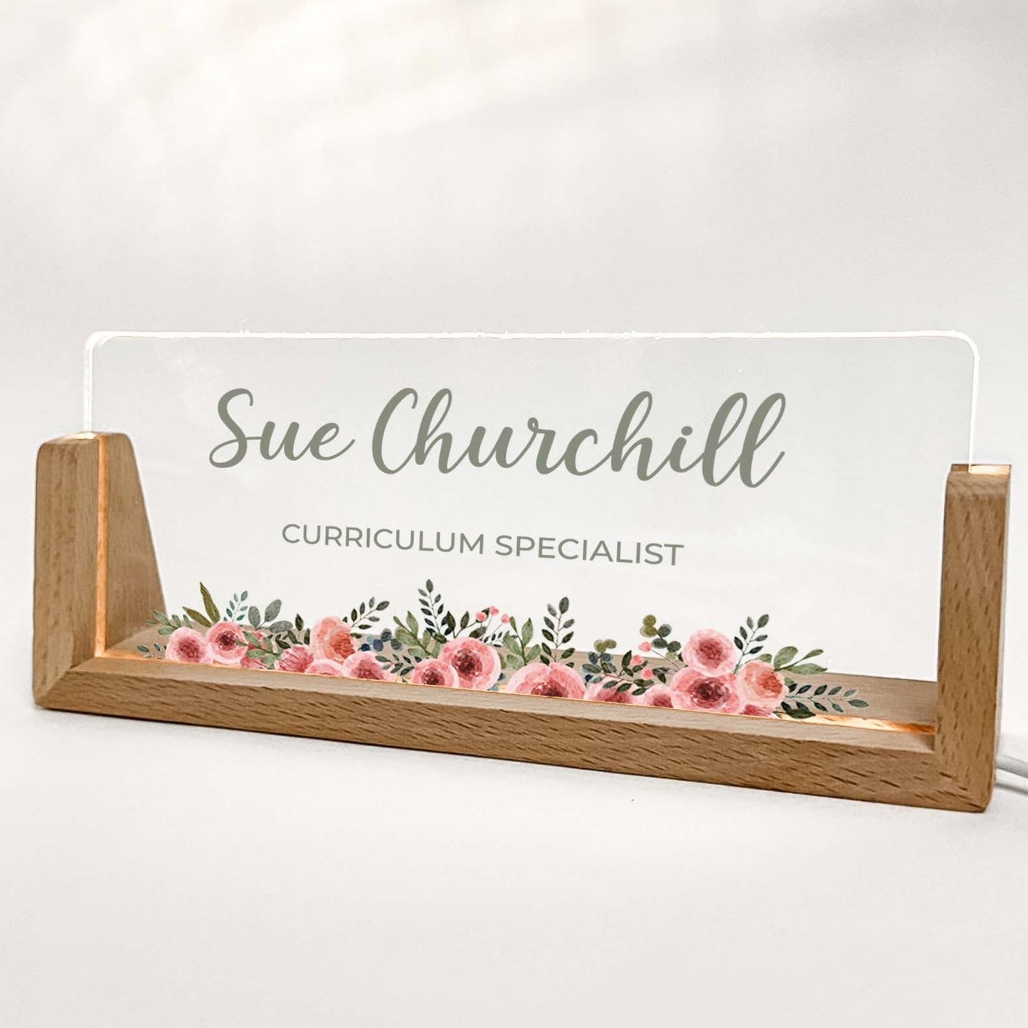 Personalized Desk Name Plate With Wooden Base, pink flowers on the bottom, Lighted LED Light Nameplate, Desk Accessories, Office Gifts for Boss Coworkers, New Job Gifts