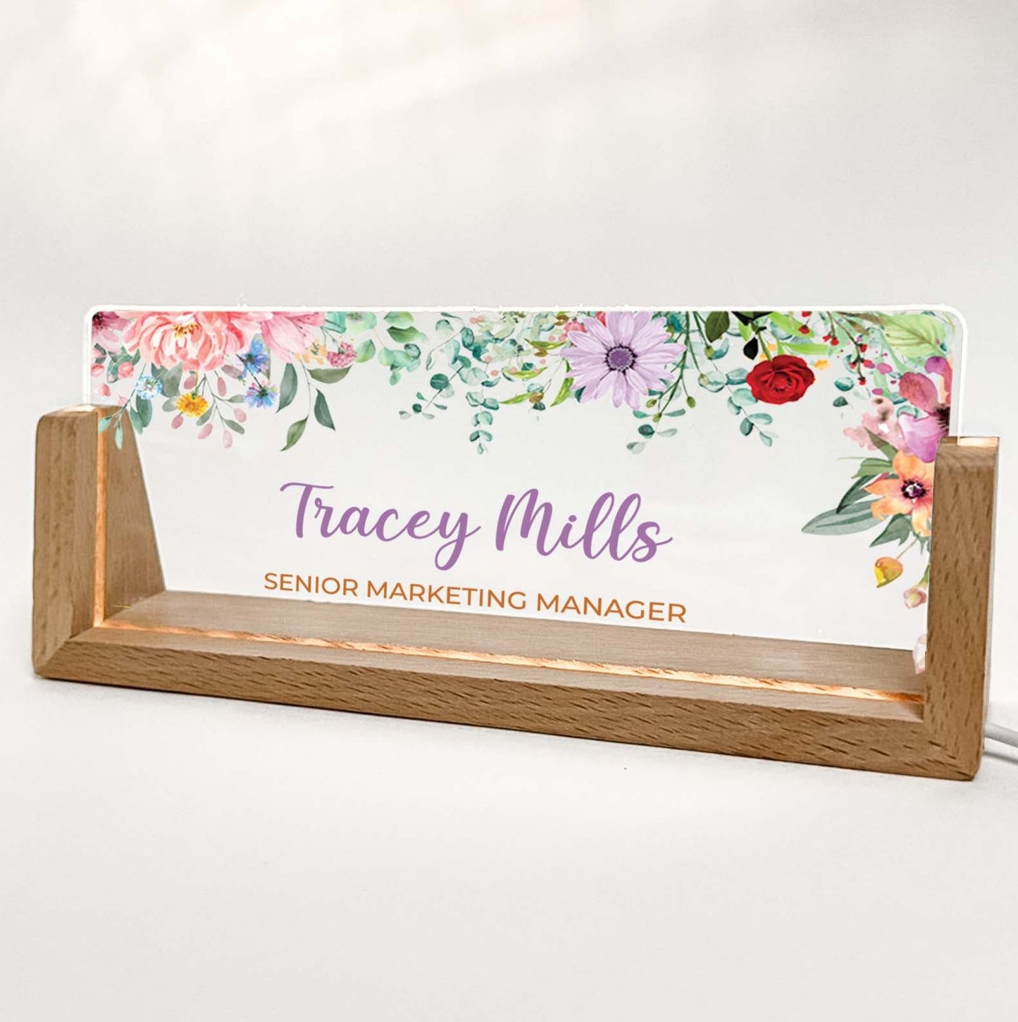 Personalized Desk Name Plate With Wooden Base, Different colored flowers, Lighted LED Light Nameplate, Desk Accessories, Office Gifts for Boss Coworkers, New Job Gifts