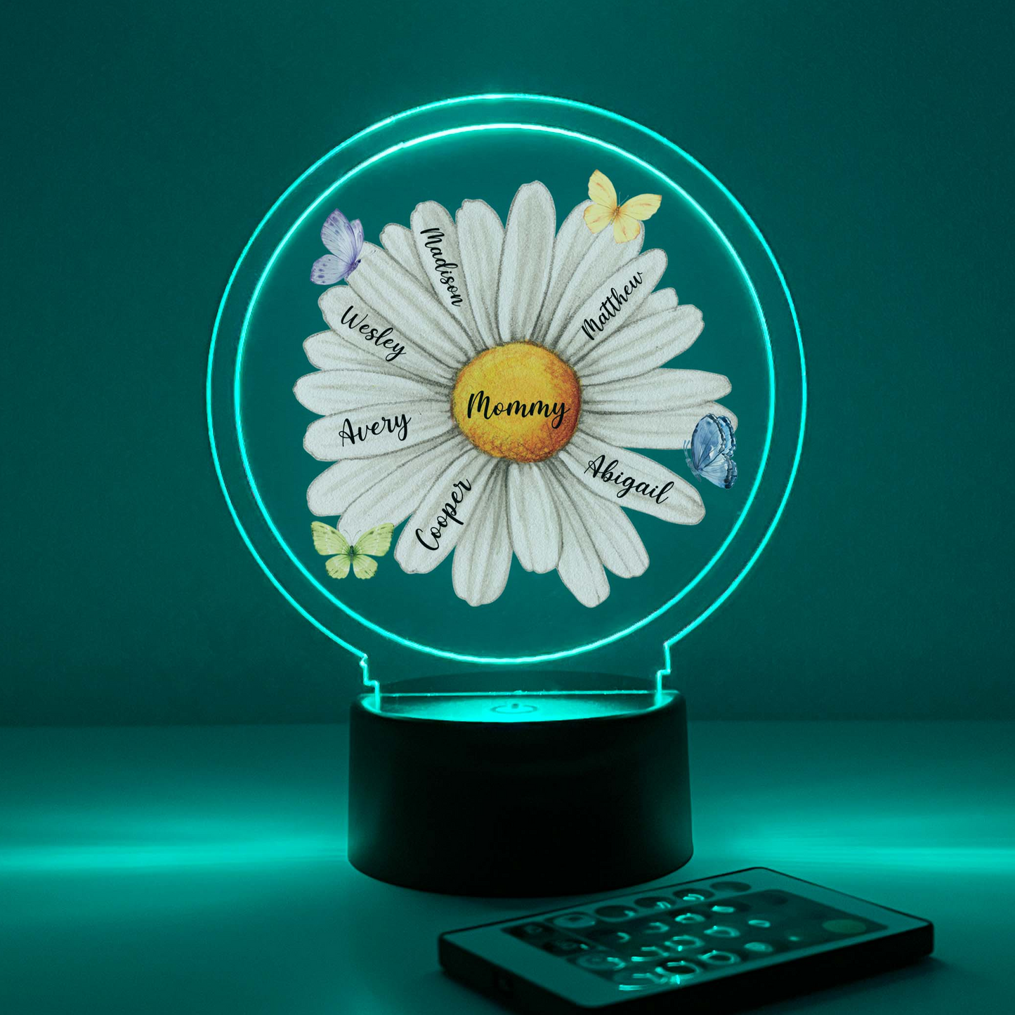 Custom 16 Colors LED Wood Stand Personalized Daisy Blossom Night Light Up Lamp for Moms & Grandmas, Children Names on Pedals With Remote