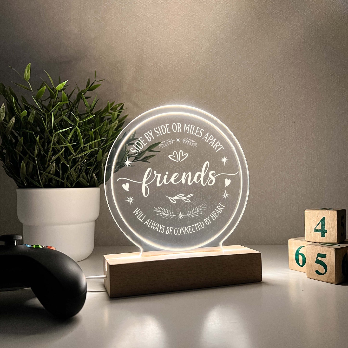 Parents Moving Away Gift, Side By Side or Miles Apart, Night Light LED, Wooden Base