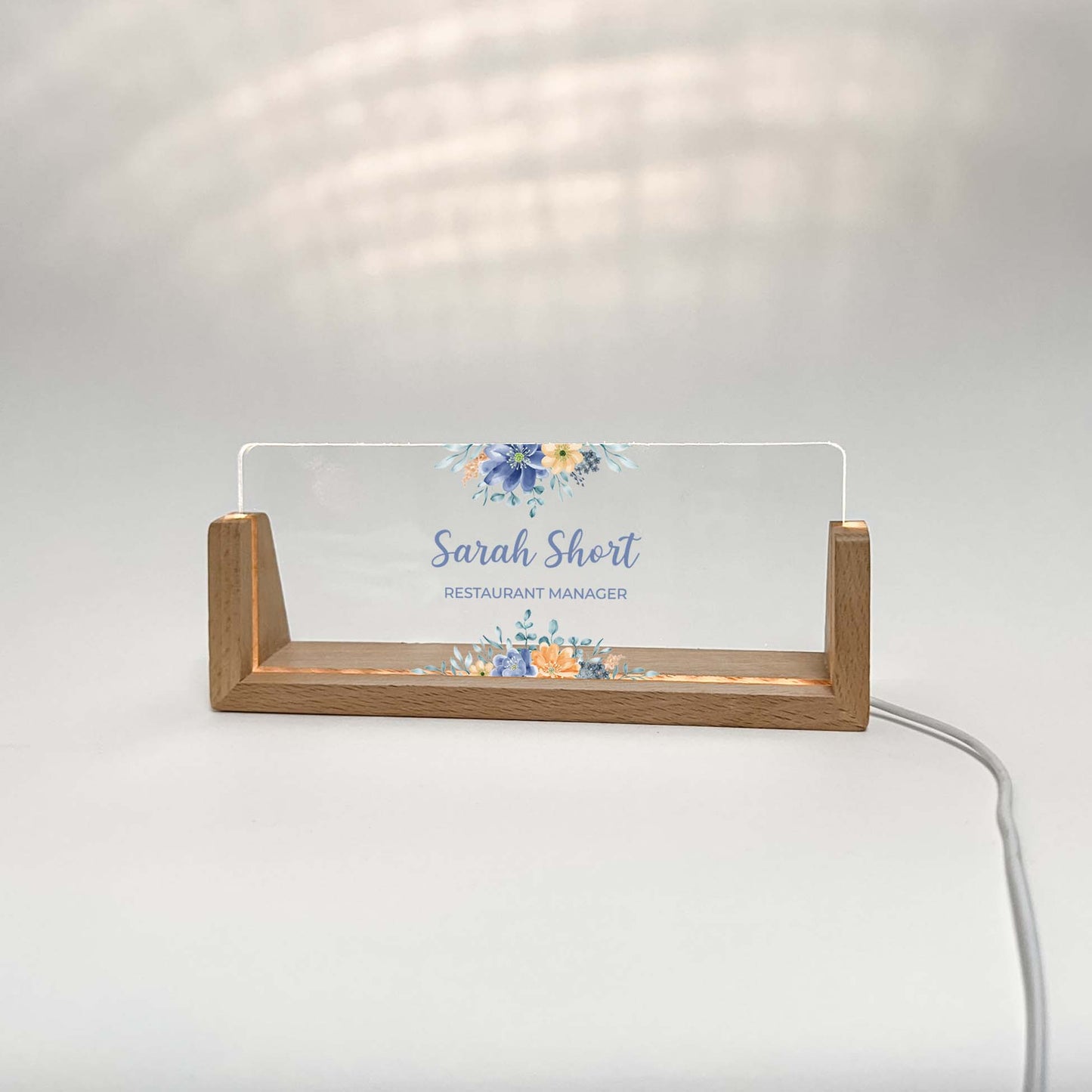 Personalized Desk Name Plate With Wooden Base and blue flowers, Lighted LED Light Nameplate, Desk Accessories, Office Gifts for Boss Coworkers, New Job Gifts