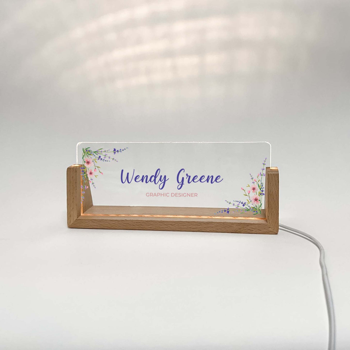 Personalized Desk Name Plate With Wooden Base, Purple colored flowers, Lighted LED Light Nameplate, Desk Accessories, Office Gifts for Boss Coworkers, New Job Gifts