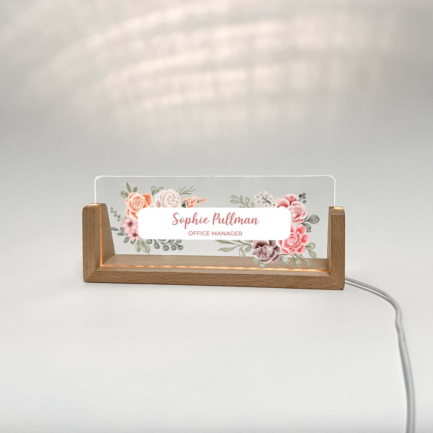 Personalized Desk Name Plate With Wooden Base, orange and red and pink flowers, Lighted LED Light Nameplate, Desk Accessories, Office Gifts for Boss Coworkers, New Job Gifts
