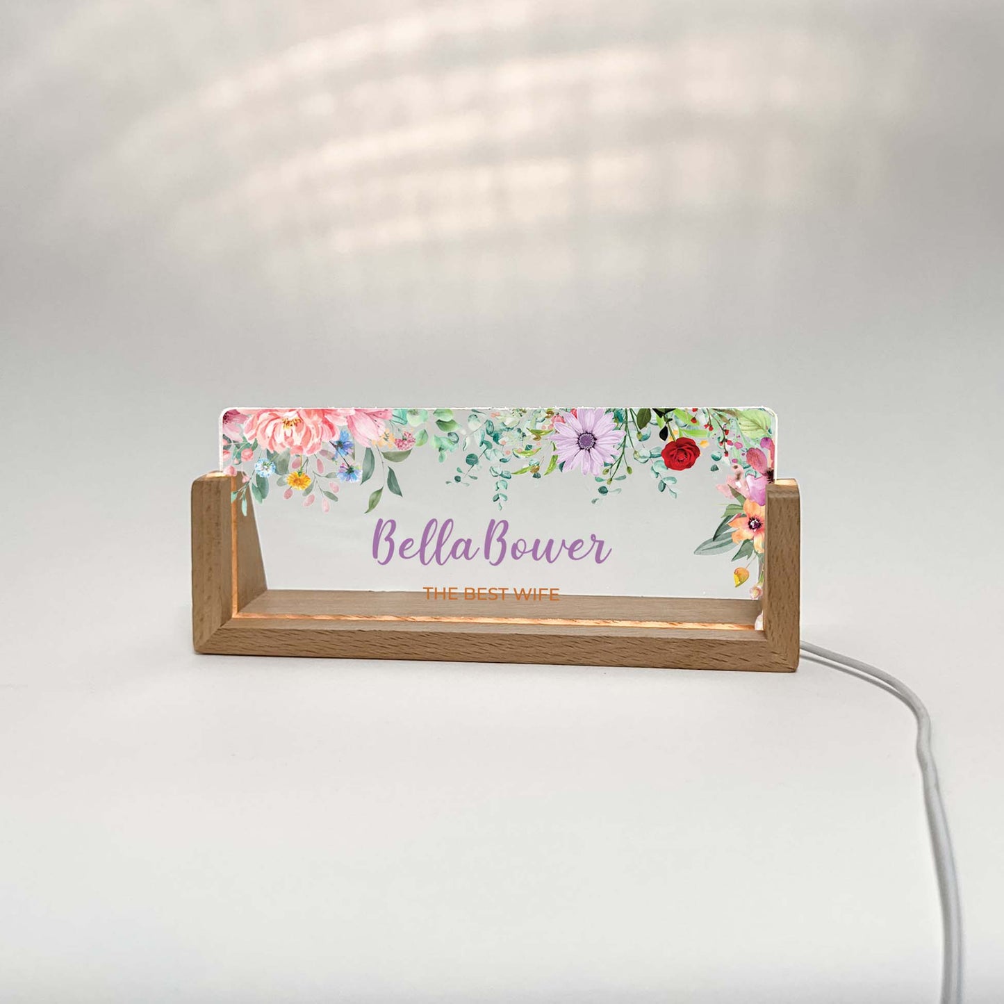 Personalized Desk Name Plate With Wooden Base, Different colored flowers, Lighted LED Light Nameplate, Desk Accessories, Office Gifts for Boss Coworkers, New Job Gifts