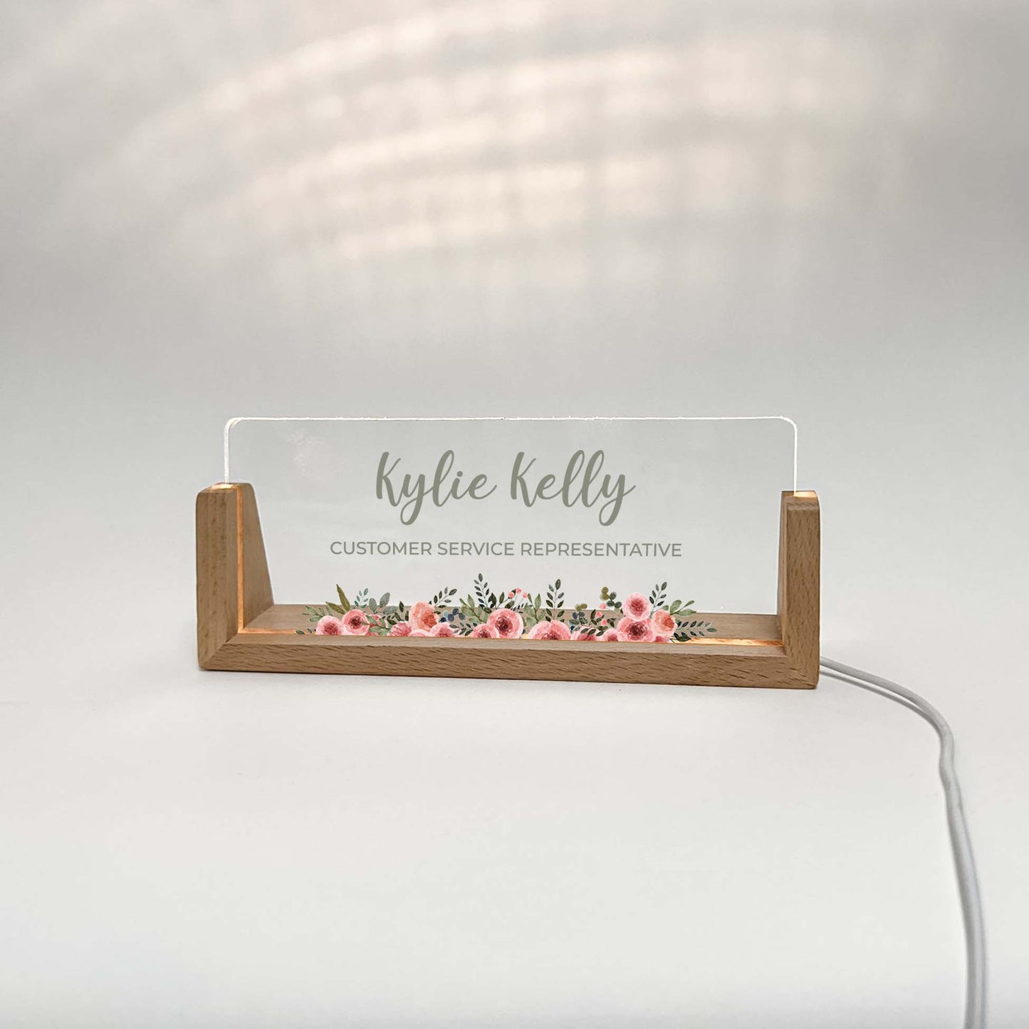 Personalized Desk Name Plate With Wooden Base, pink flowers on the bottom, Lighted LED Light Nameplate, Desk Accessories, Office Gifts for Boss Coworkers, New Job Gifts