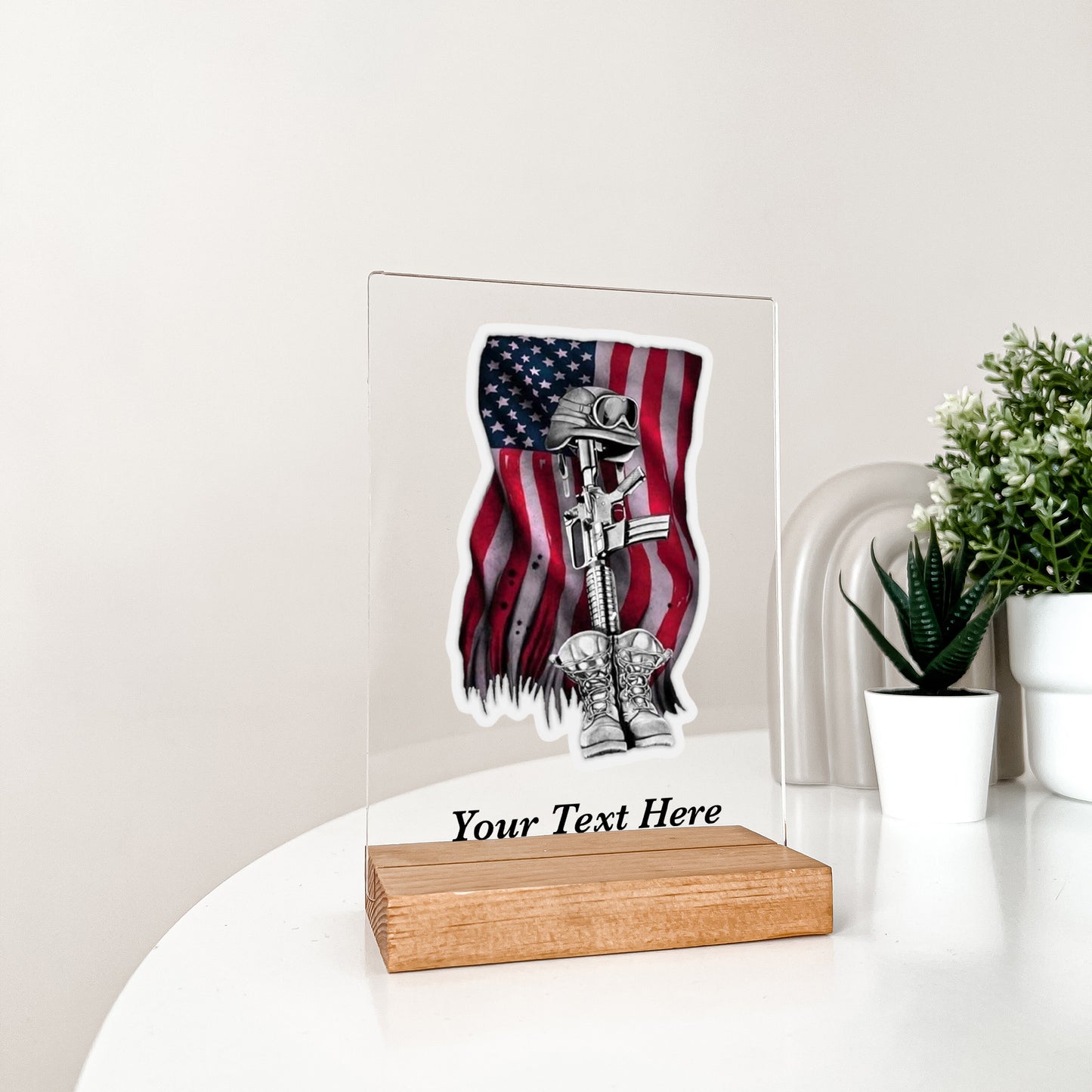 In Loving Memory Fallen Soldier stand with Wooden Base, Condolence Remembrance Loss, Fallen Soldier, Military, American Flag, Warrior, Heroes, Memorial Gift