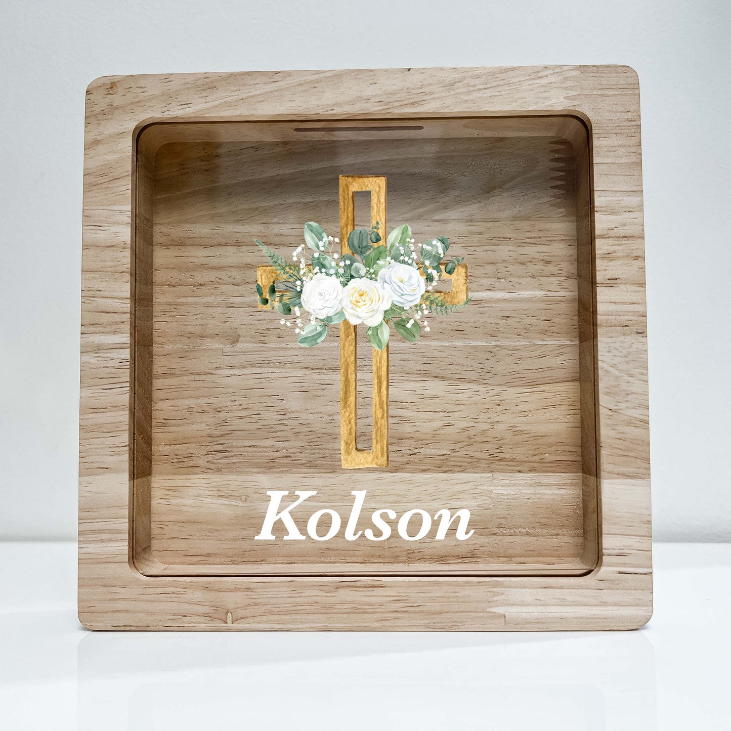 Personalized White Flowers Baptism Savings Banks