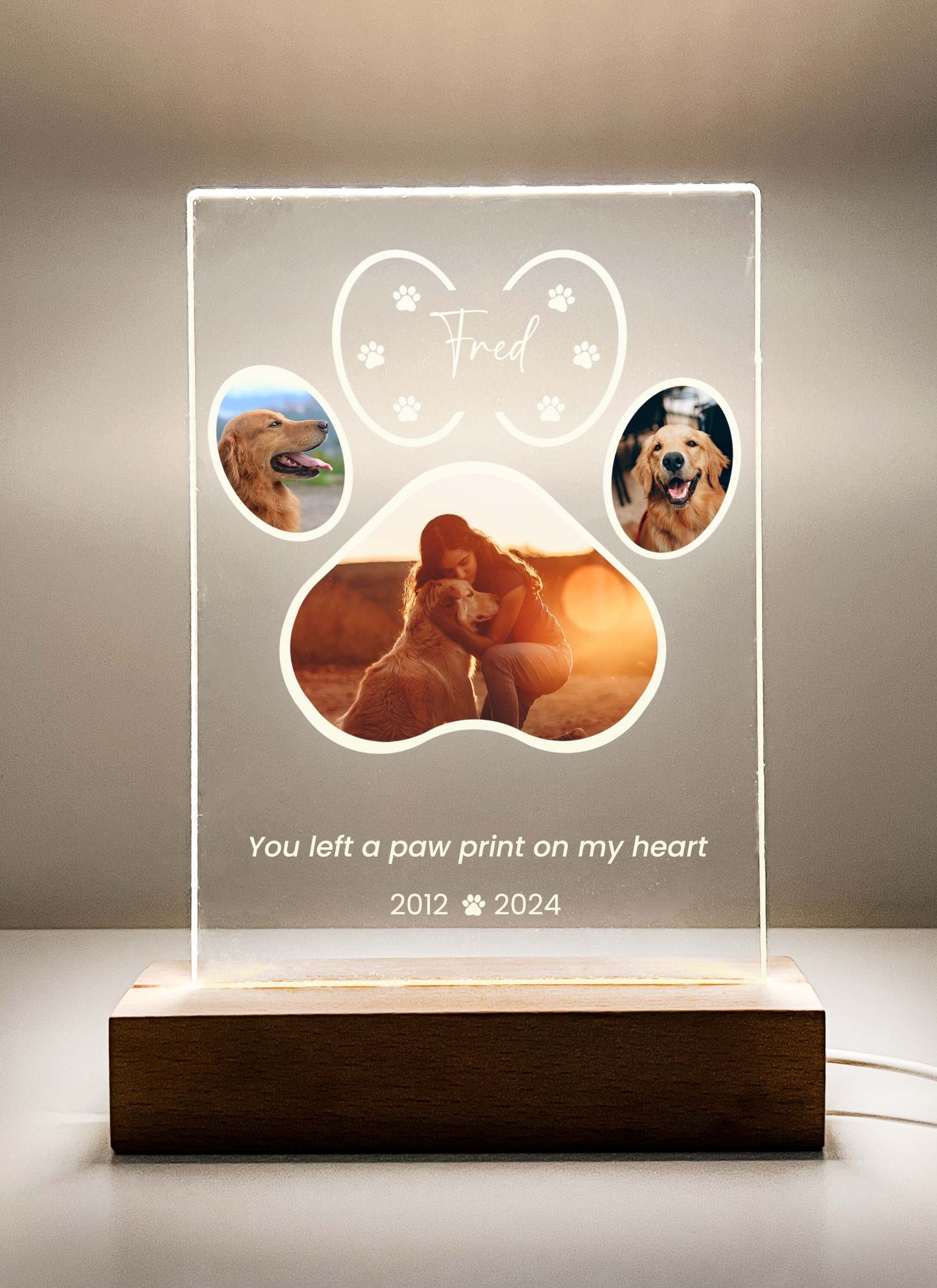 LED Light Up Pet Paw Memorial Plaque with Wooden Base, Pet Memorial Night Light, Personalized Gifts for Pet Loss, Custom Pet Photo, Custom Pet Memorial Gifts