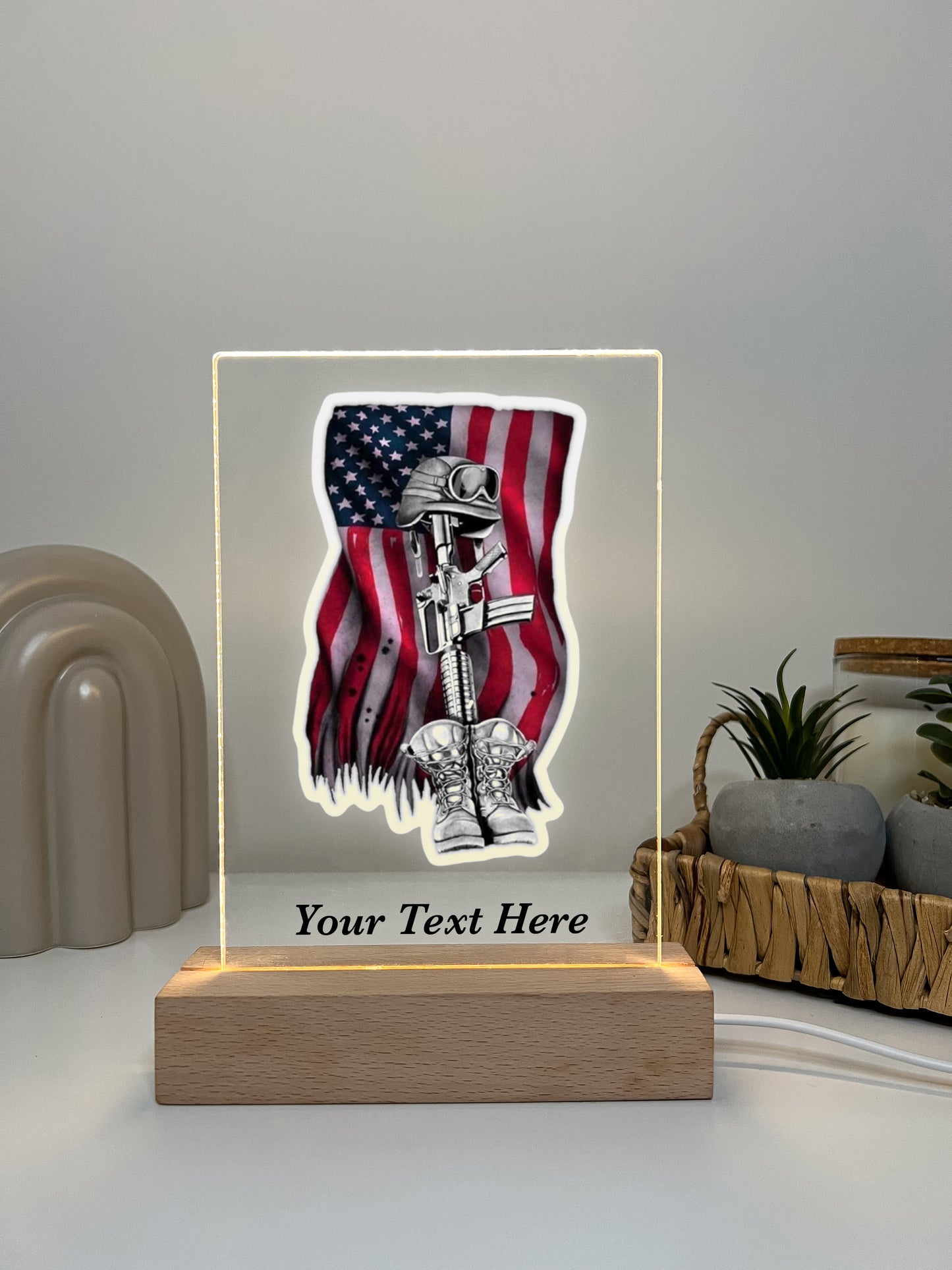 In Loving Memory Fallen Soldier LED Light with Wooden Base, Condolence Remembrance Loss, Fallen Soldier, Military, American Flag, Warrior, Heroes, Memorial Gift