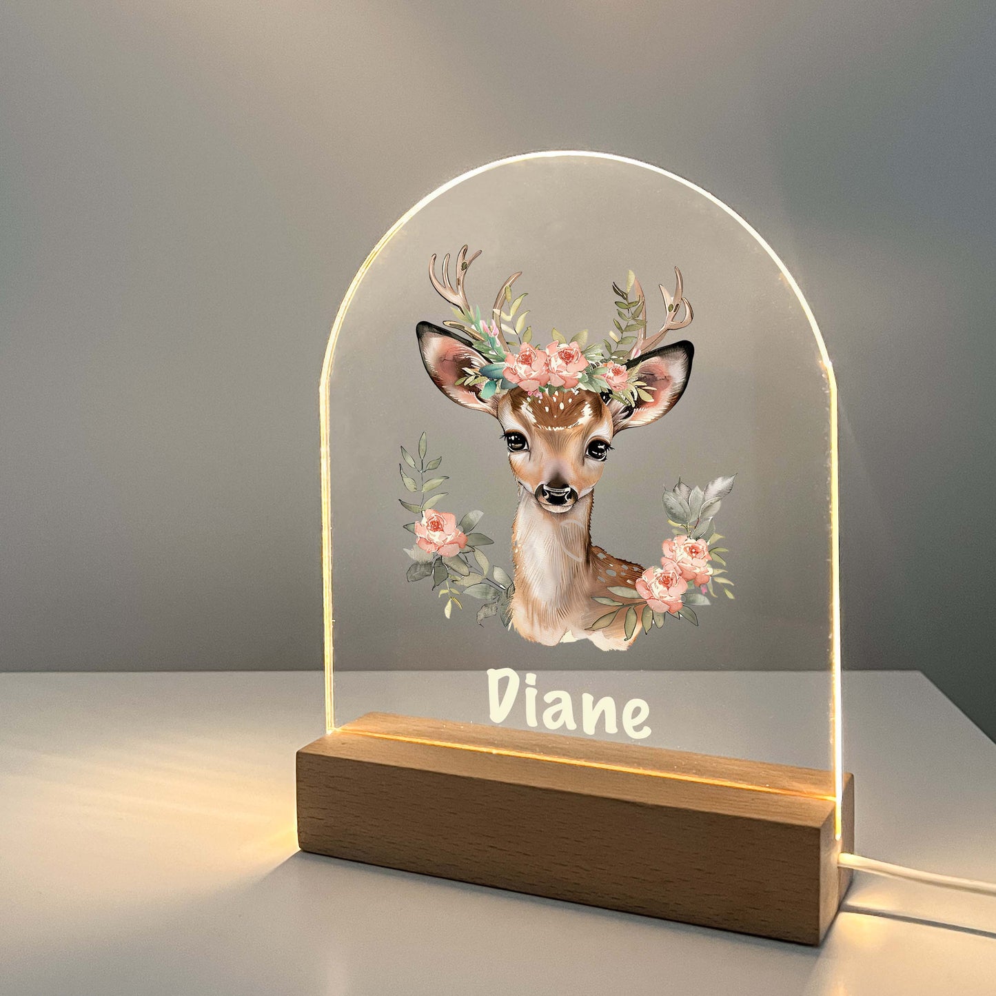 Deer LED lamp with wooden base, flowers and animals, personalized gift, Friends Night LED Lamp For Kids Room, Baby Gift, Girls Boys Night Light, Bedroom Decor, Night Light Gift