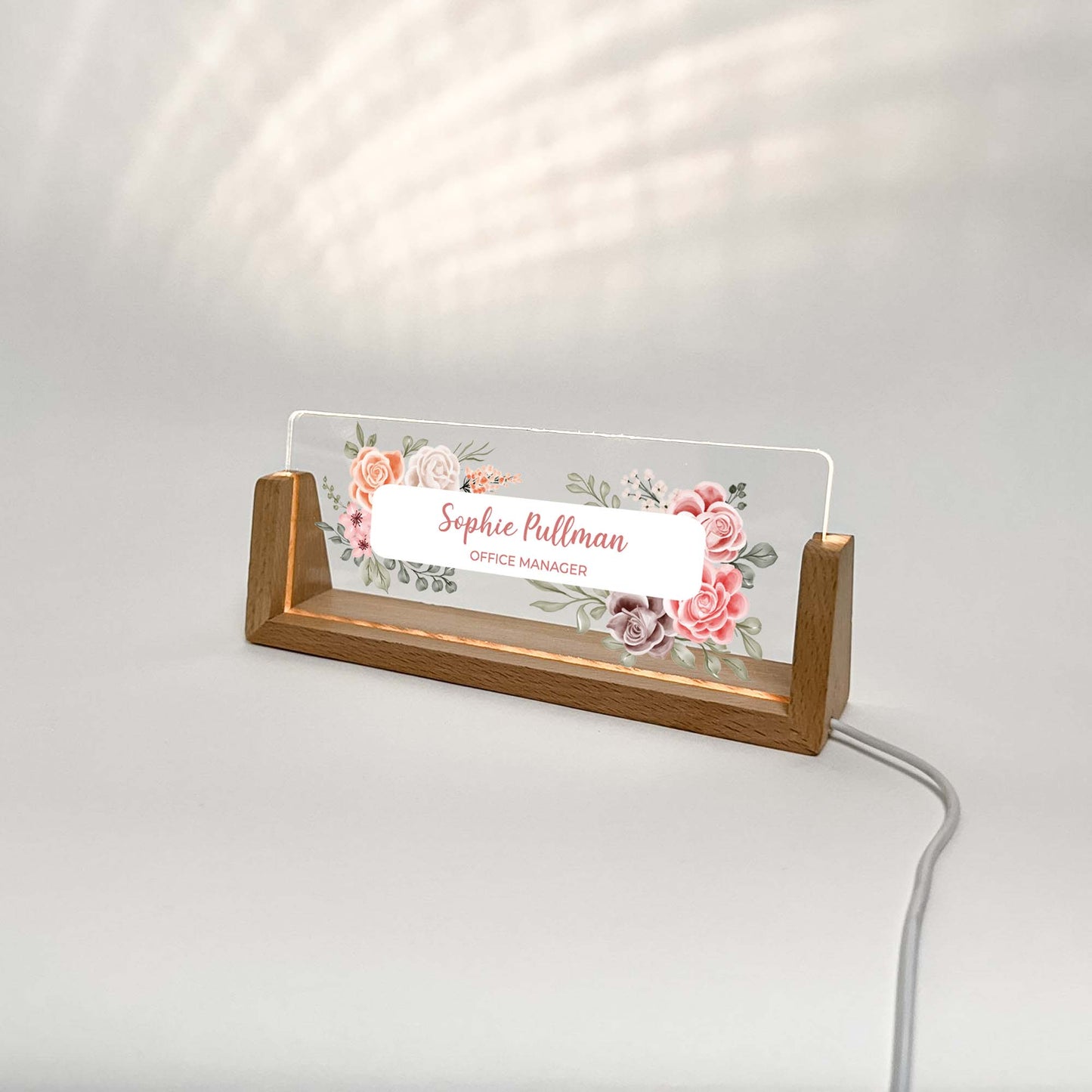 Personalized Desk Name Plate With Wooden Base, orange and red and pink flowers, Lighted LED Light Nameplate, Desk Accessories, Office Gifts for Boss Coworkers, New Job Gifts