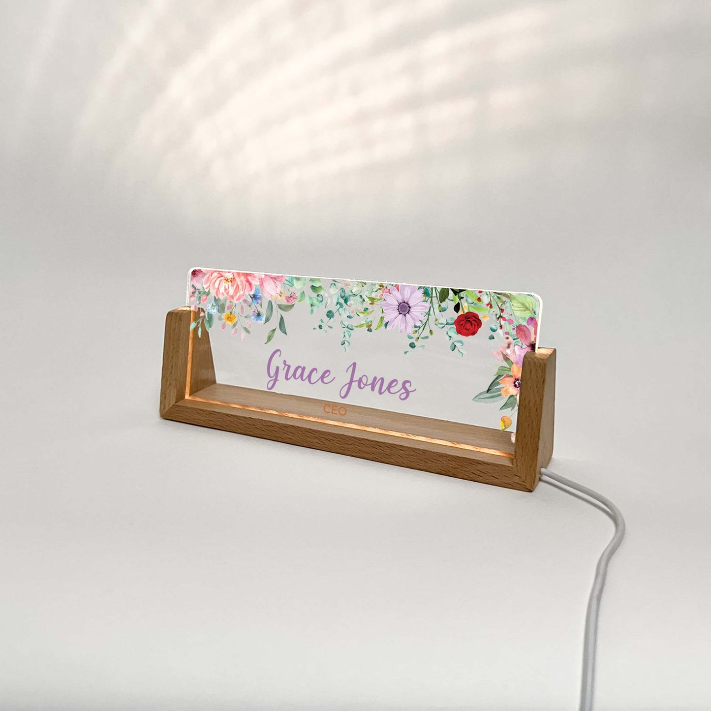 Personalized Desk Name Plate With Wooden Base, Different colored flowers, Lighted LED Light Nameplate, Desk Accessories, Office Gifts for Boss Coworkers, New Job Gifts