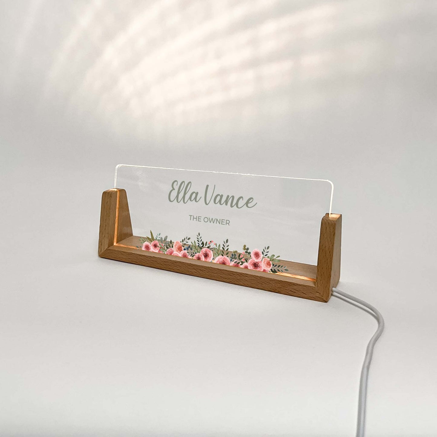 Personalized Desk Name Plate With Wooden Base, pink flowers on the bottom, Lighted LED Light Nameplate, Desk Accessories, Office Gifts for Boss Coworkers, New Job Gifts