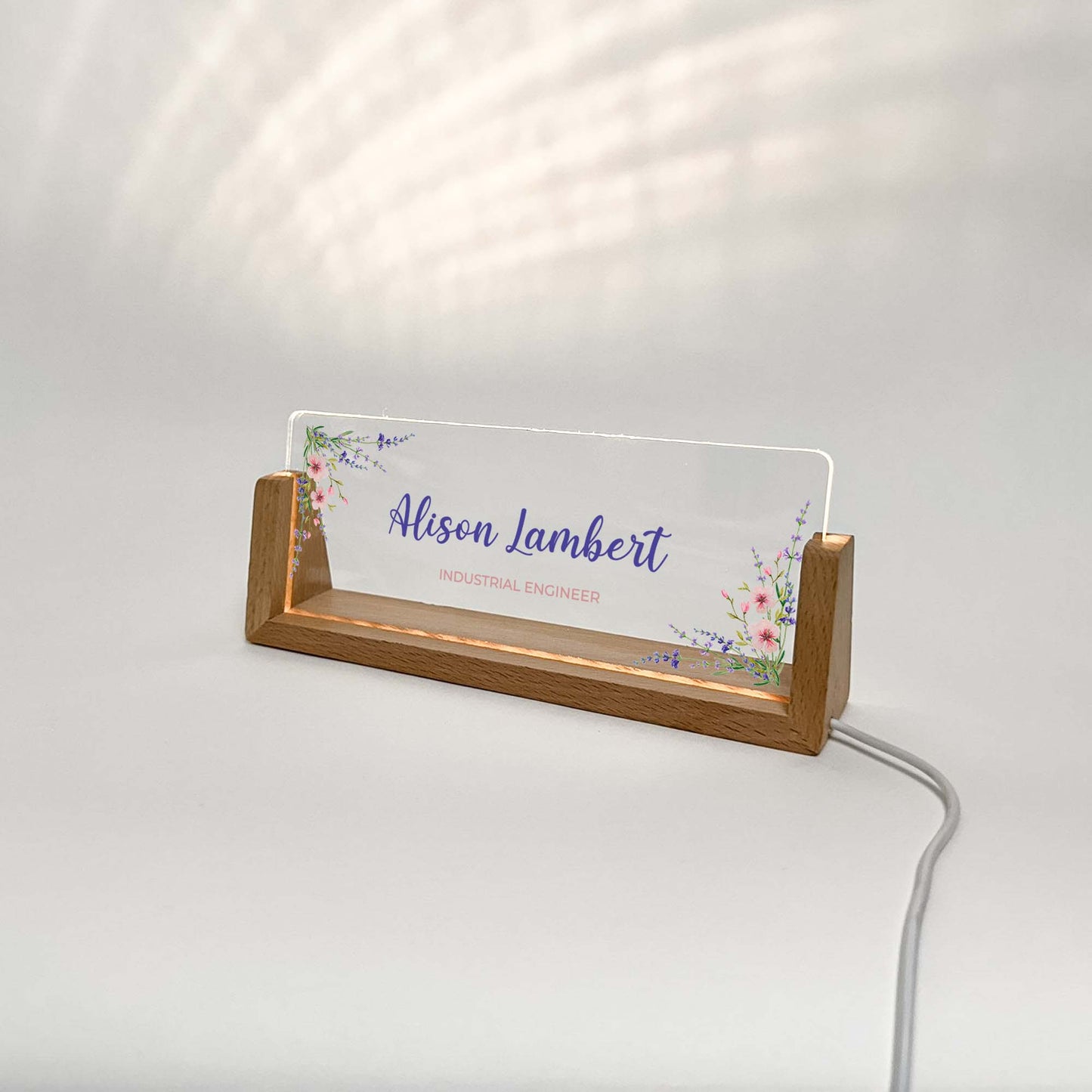 Personalized Desk Name Plate With Wooden Base, Purple colored flowers, Lighted LED Light Nameplate, Desk Accessories, Office Gifts for Boss Coworkers, New Job Gifts
