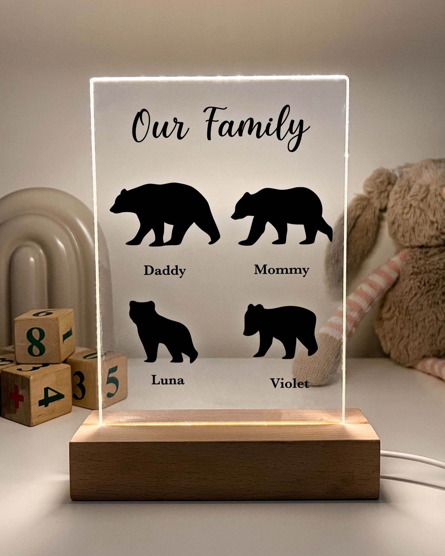 Family Bears LED Night Light Up Table Lamp with Wooden Desk, Gift for Parents & Grandparents, Family Keepsake Gift, Family Christmas Gifts