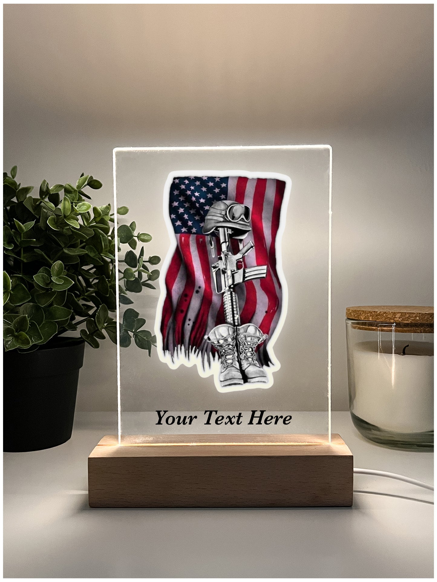 In Loving Memory Fallen Soldier LED Light with Wooden Base, Condolence Remembrance Loss, Fallen Soldier, Military, American Flag, Warrior, Heroes, Memorial Gift