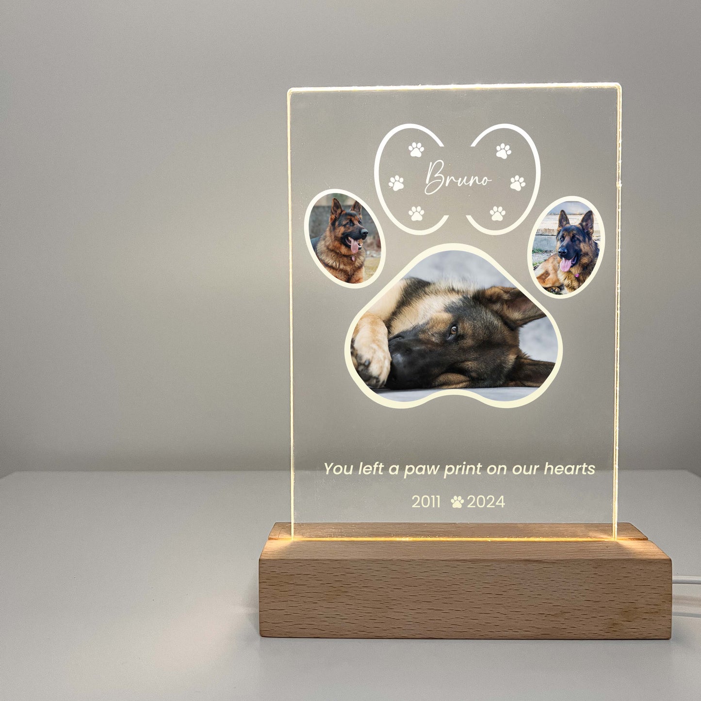 LED Light Up Pet Paw Memorial Plaque with Wooden Base, Pet Memorial Night Light, Personalized Gifts for Pet Loss, Custom Pet Photo, Custom Pet Memorial Gifts