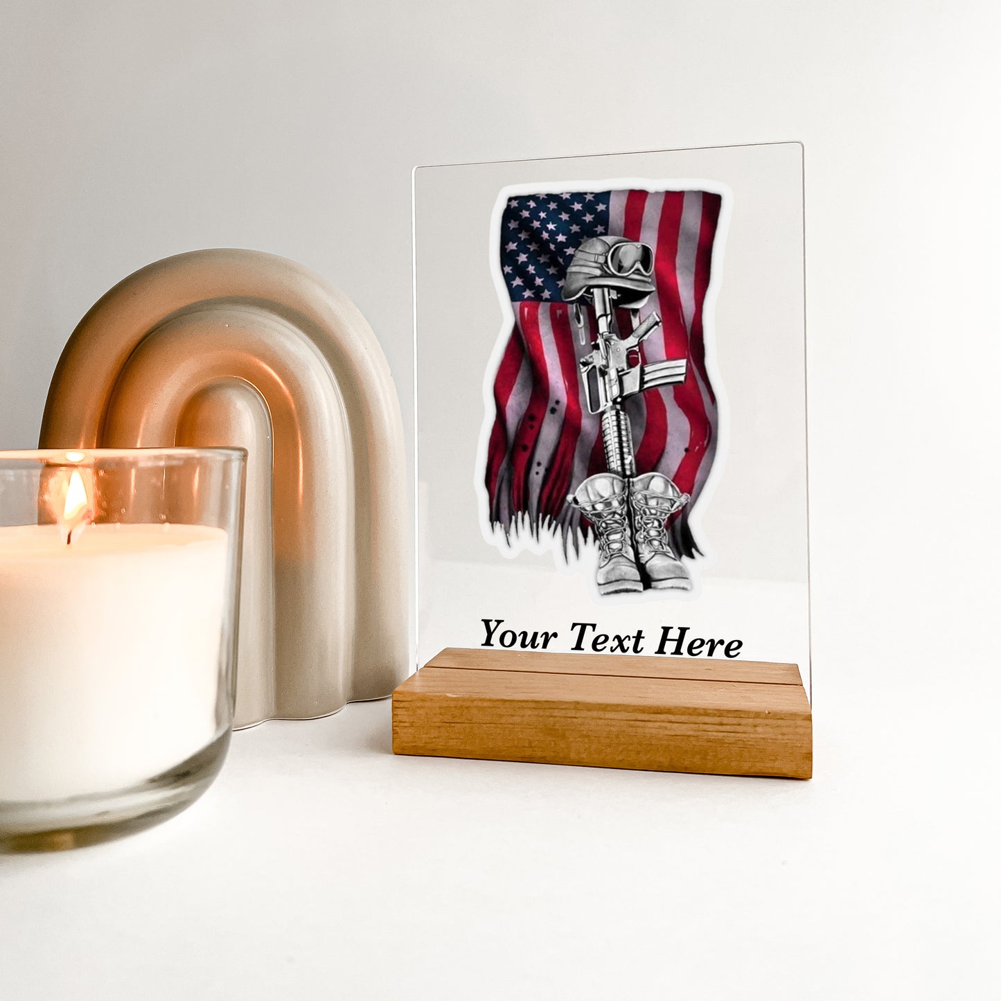 In Loving Memory Fallen Soldier stand with Wooden Base, Condolence Remembrance Loss, Fallen Soldier, Military, American Flag, Warrior, Heroes, Memorial Gift