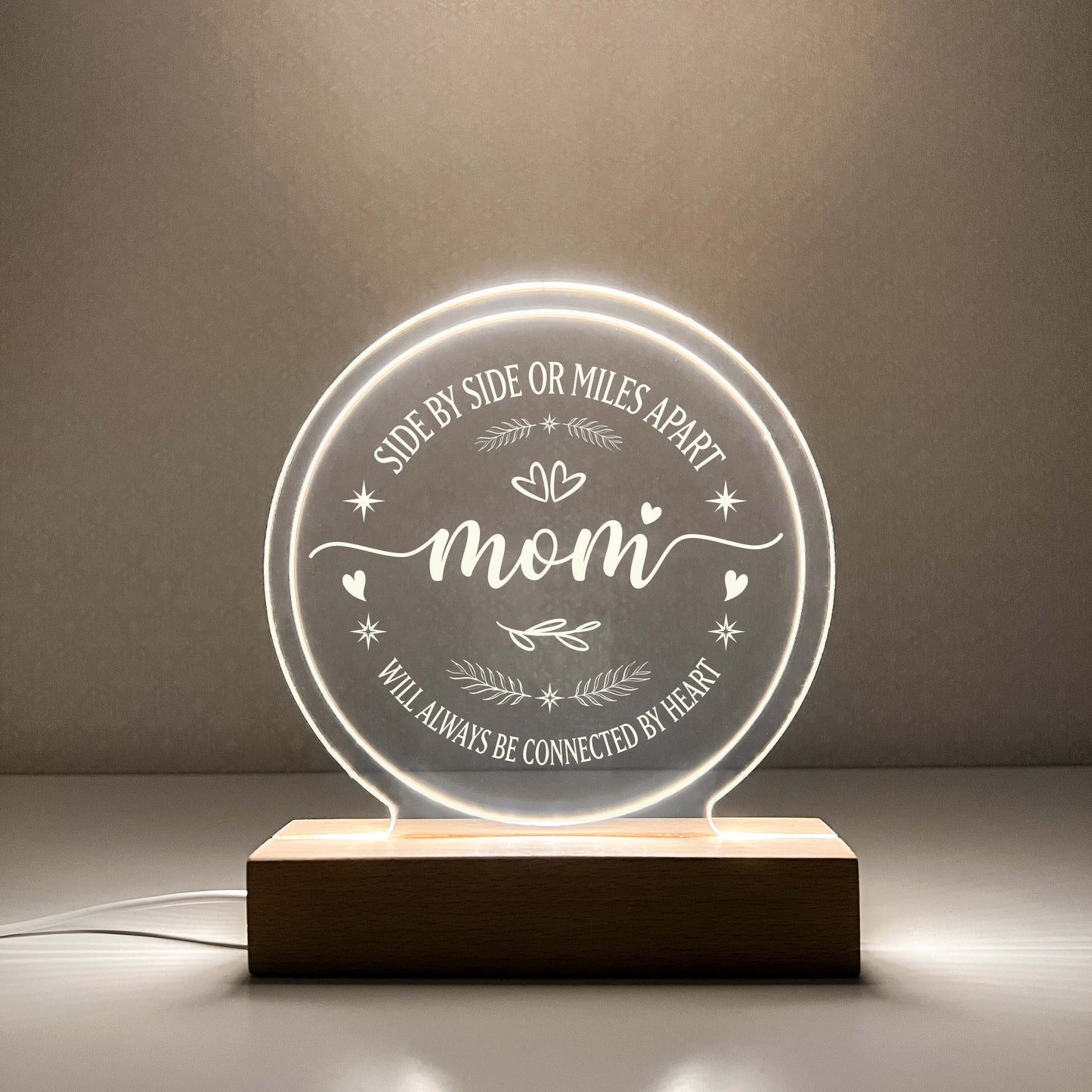 Parents Moving Away Gift, Side By Side or Miles Apart, Night Light LED, Wooden Base