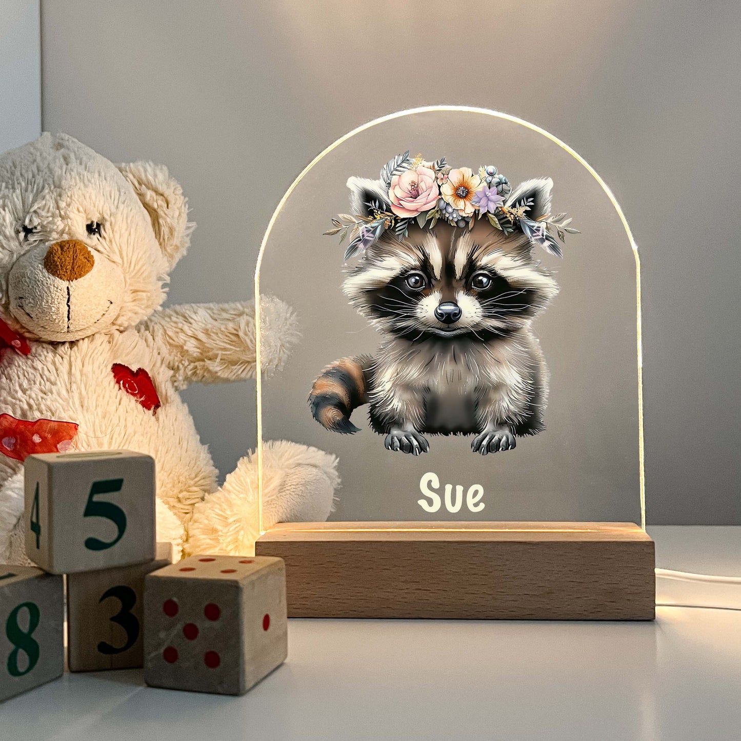 Racoon LED lamp with Wooden Base, Animal Lamp, Friends Night LED Lamp For Kids Room, Baby Gift, Girls Boys Night Light, Bedroom Decor, Night Light Gift