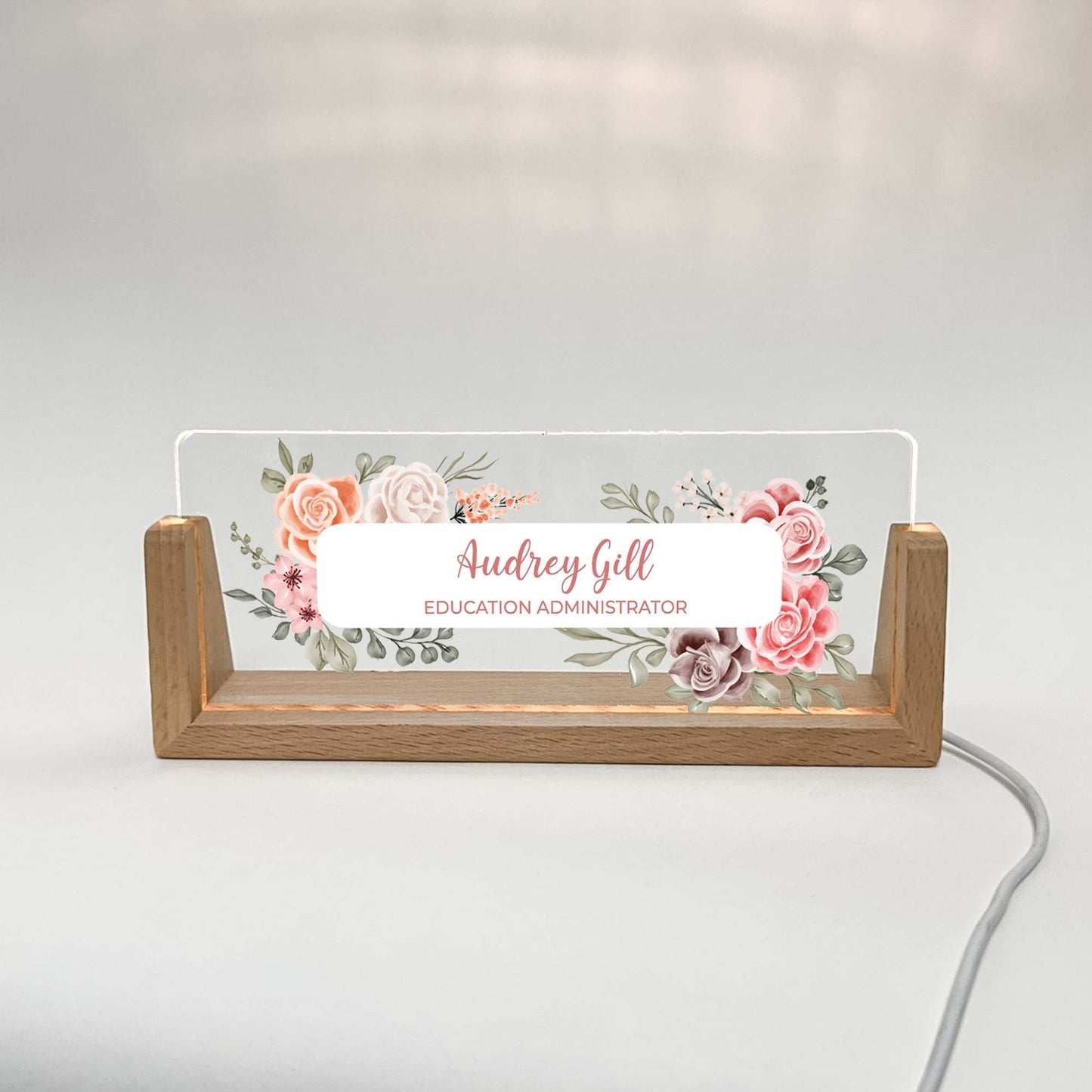 Personalized Desk Name Plate With Wooden Base, orange and red and pink flowers, Lighted LED Light Nameplate, Desk Accessories, Office Gifts for Boss Coworkers, New Job Gifts