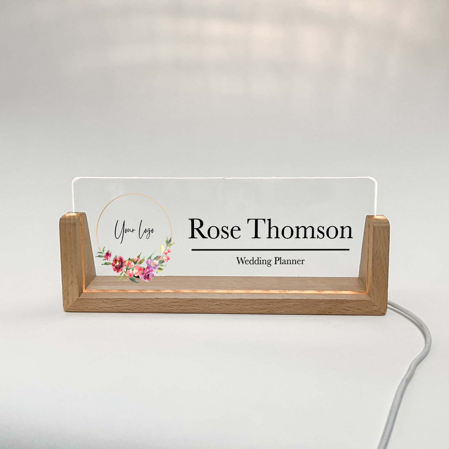 Personalized Name plate with wooden stand, LED lamp, Company Logo photo ,Lighted LED Light Nameplate, Desk Accessories, Office Gifts for Boss Coworkers, New Job Gift