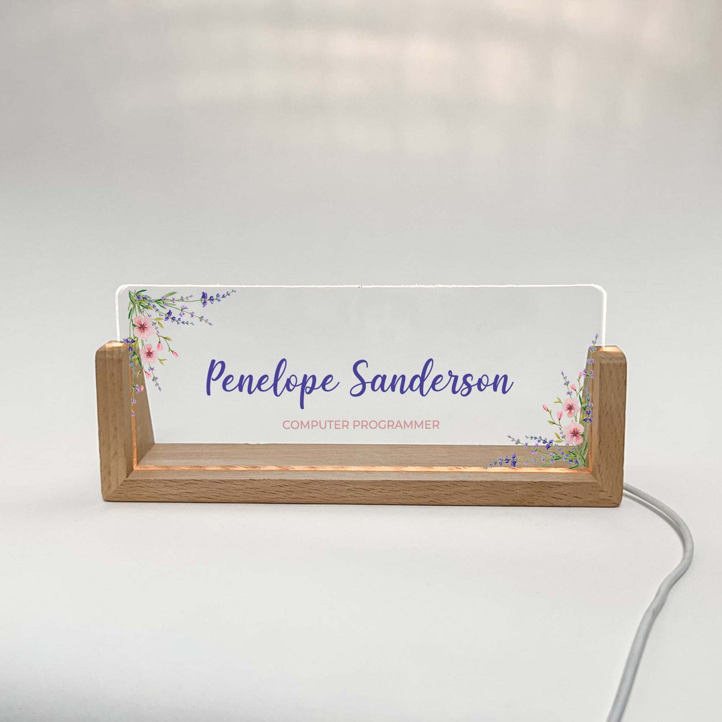 Personalized Desk Name Plate With Wooden Base, Purple colored flowers, Lighted LED Light Nameplate, Desk Accessories, Office Gifts for Boss Coworkers, New Job Gifts