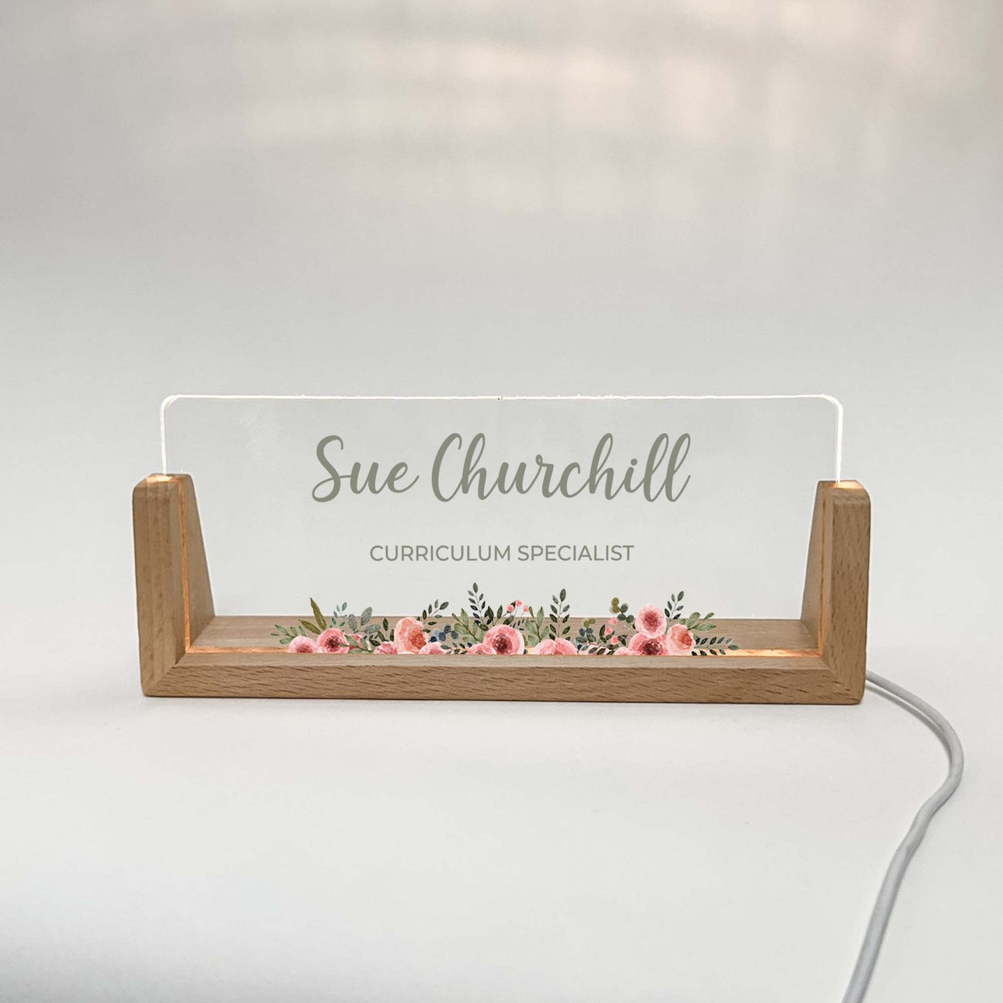Personalized Desk Name Plate With Wooden Base, pink flowers on the bottom, Lighted LED Light Nameplate, Desk Accessories, Office Gifts for Boss Coworkers, New Job Gifts