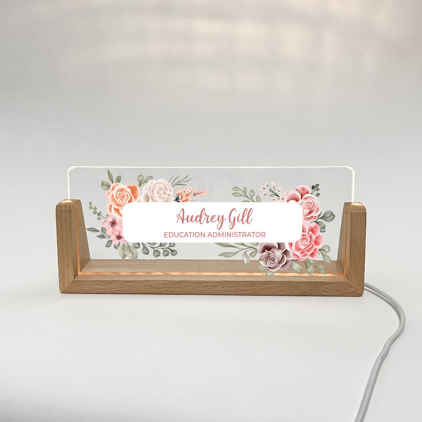 Personalized Desk Name Plate With Wooden Base, orange and red and pink flowers, Lighted LED Light Nameplate, Desk Accessories, Office Gifts for Boss Coworkers, New Job Gifts
