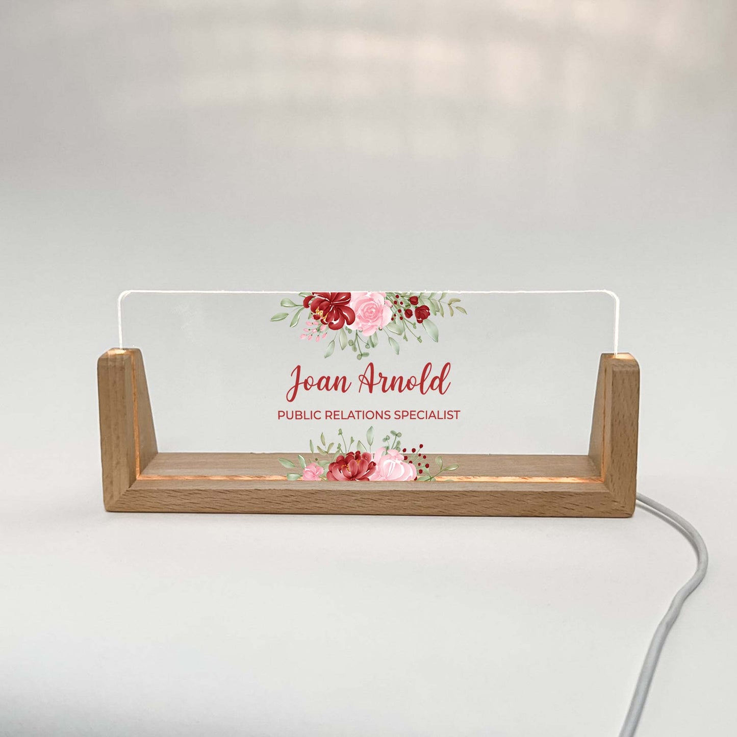 Personalized Desk Name Plate With Wooden Base and red and pink flowers, Lighted LED Light Nameplate, Desk Accessories, Office Gifts for Boss Coworkers, New Job Gifts