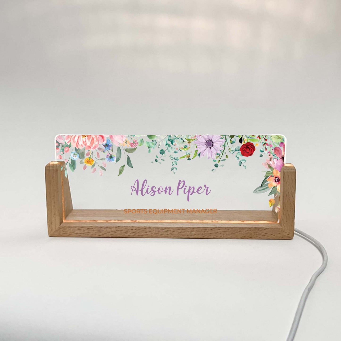Personalized Desk Name Plate With Wooden Base, Different colored flowers, Lighted LED Light Nameplate, Desk Accessories, Office Gifts for Boss Coworkers, New Job Gifts