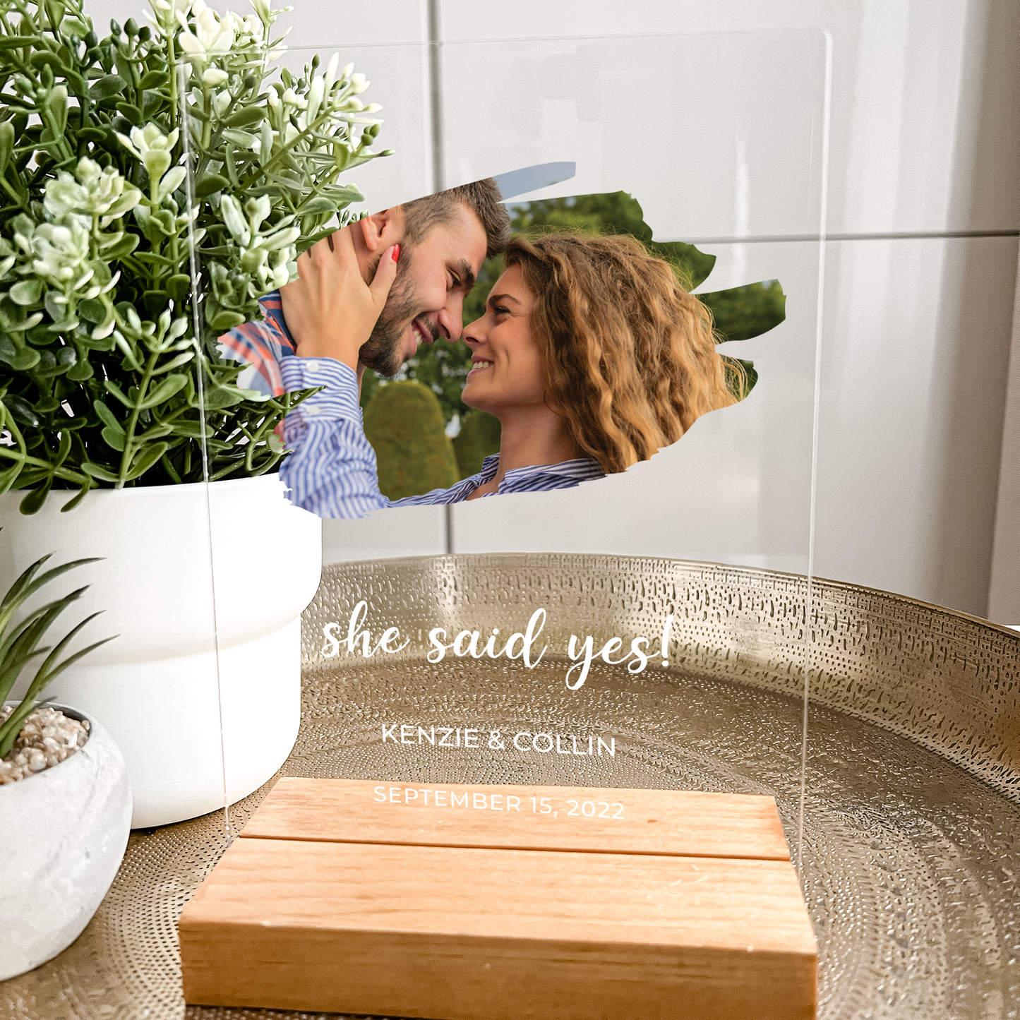Personalized Custom Photo Couples Collage Wood Base Desk Table Stand