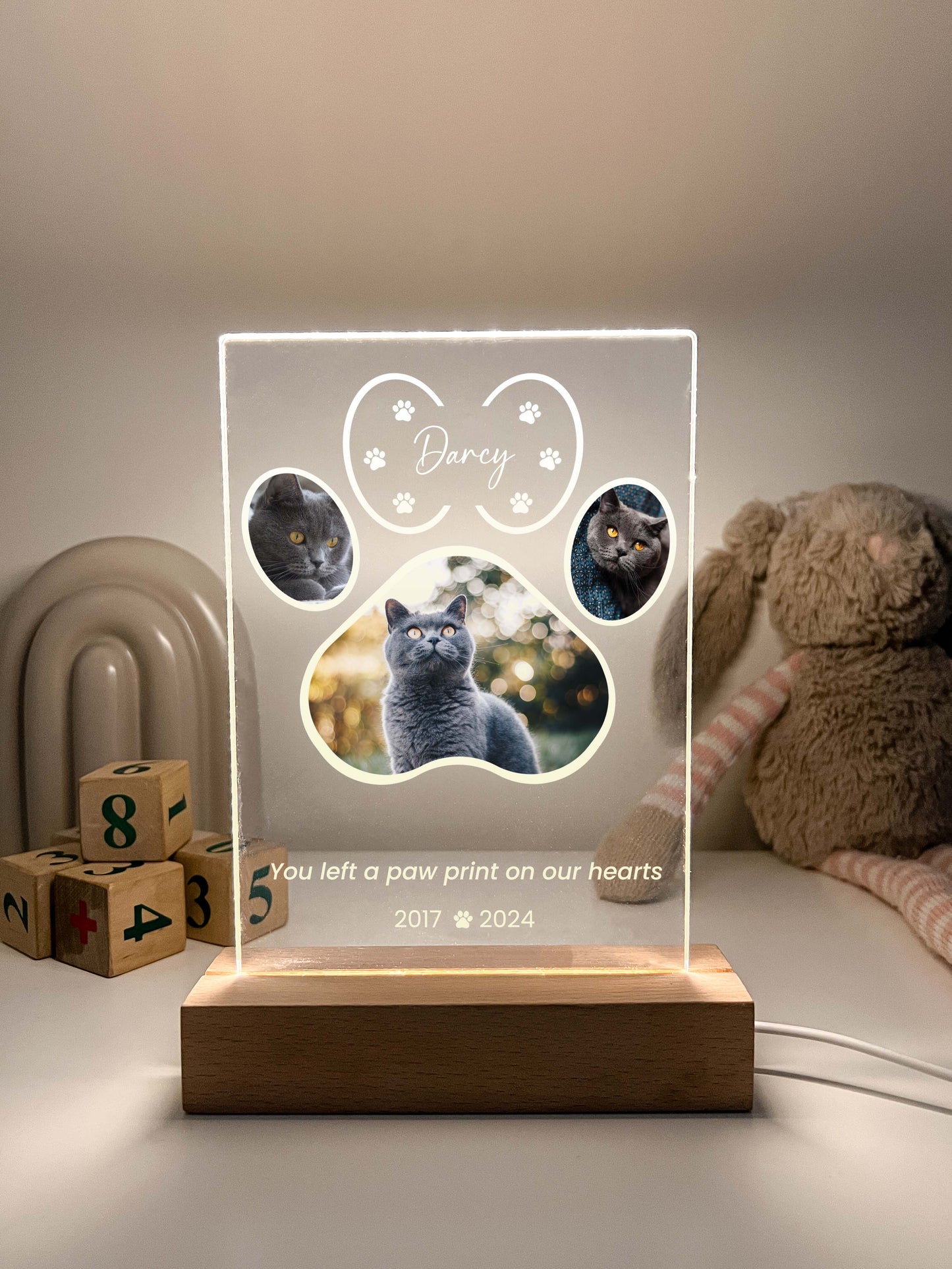 LED Light Up Pet Paw Memorial Plaque with Wooden Base, Pet Memorial Night Light, Personalized Gifts for Pet Loss, Custom Pet Photo, Custom Pet Memorial Gifts