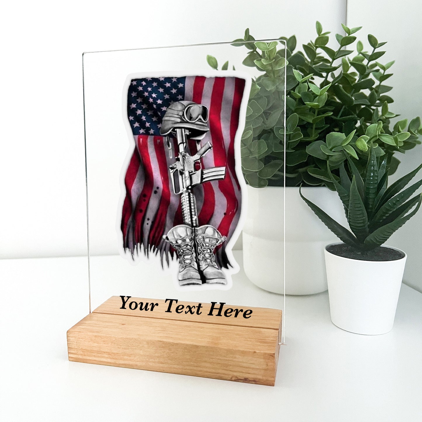 In Loving Memory Fallen Soldier stand with Wooden Base, Condolence Remembrance Loss, Fallen Soldier, Military, American Flag, Warrior, Heroes, Memorial Gift