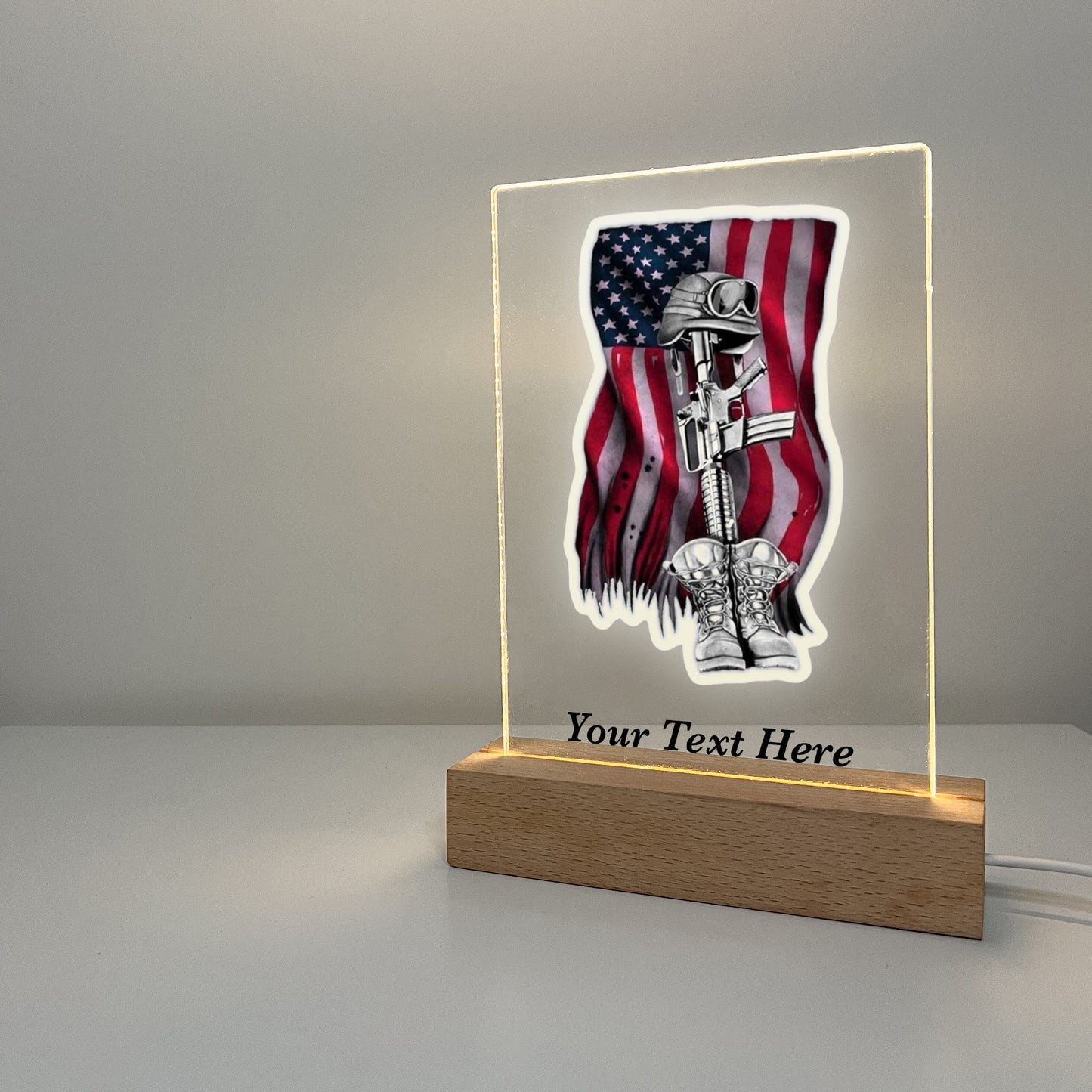 In Loving Memory Fallen Soldier LED Light with Wooden Base, Condolence Remembrance Loss, Fallen Soldier, Military, American Flag, Warrior, Heroes, Memorial Gift