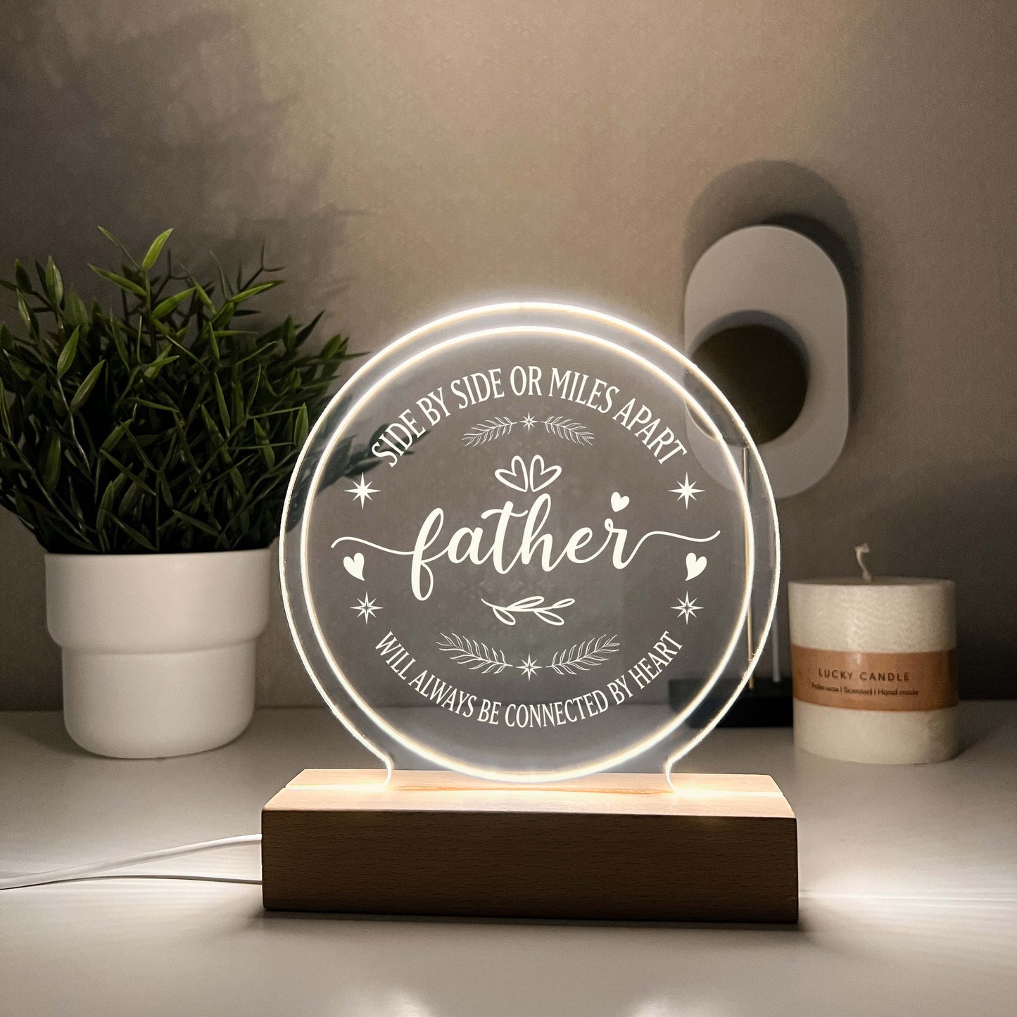 Parents Moving Away Gift, Side By Side or Miles Apart, Night Light LED, Wooden Base