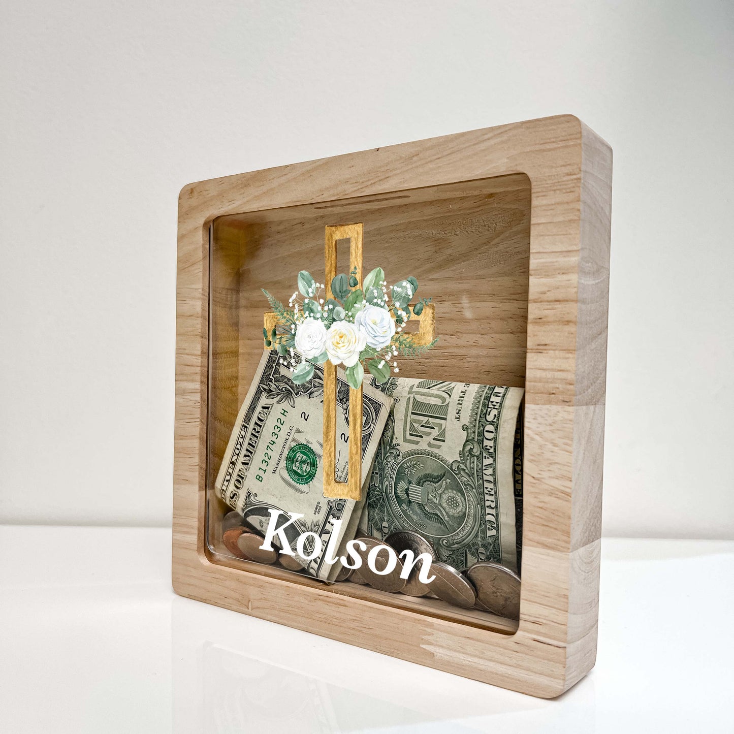 Personalized White Flowers Baptism Savings Banks