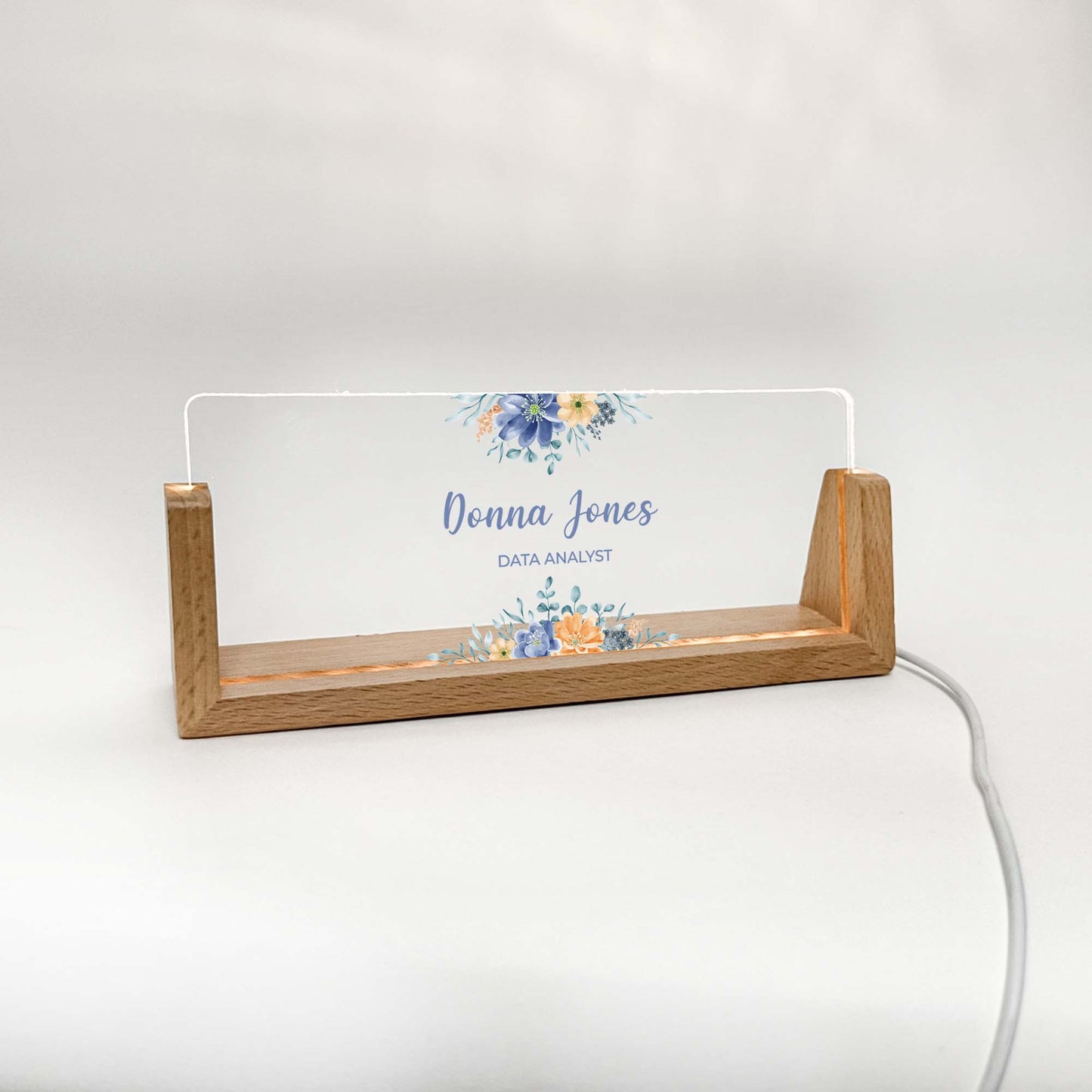 Personalized Desk Name Plate With Wooden Base and blue flowers, Lighted LED Light Nameplate, Desk Accessories, Office Gifts for Boss Coworkers, New Job Gifts