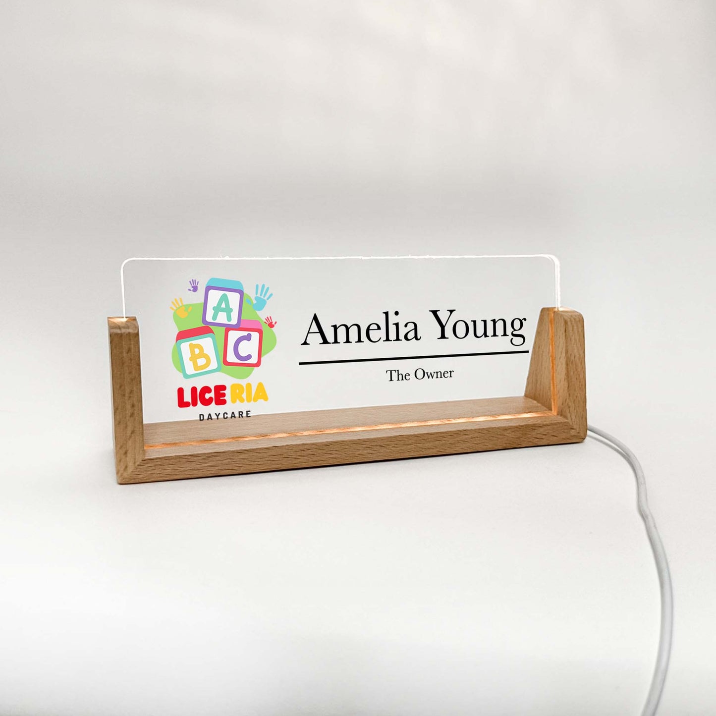 Personalized Name plate with wooden stand, LED lamp, Company Logo photo ,Lighted LED Light Nameplate, Desk Accessories, Office Gifts for Boss Coworkers, New Job Gift