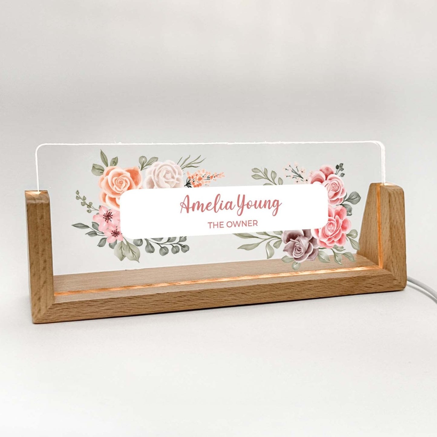 Personalized Desk Name Plate With Wooden Base, orange and red and pink flowers, Lighted LED Light Nameplate, Desk Accessories, Office Gifts for Boss Coworkers, New Job Gifts