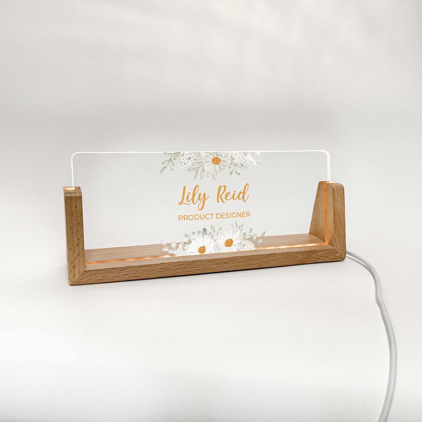 Personalized Desk Name Plate With Wooden Base and white flowers, Lighted LED Light Nameplate, Desk Accessories, Office Gifts for Boss Coworkers, New Job Gifts