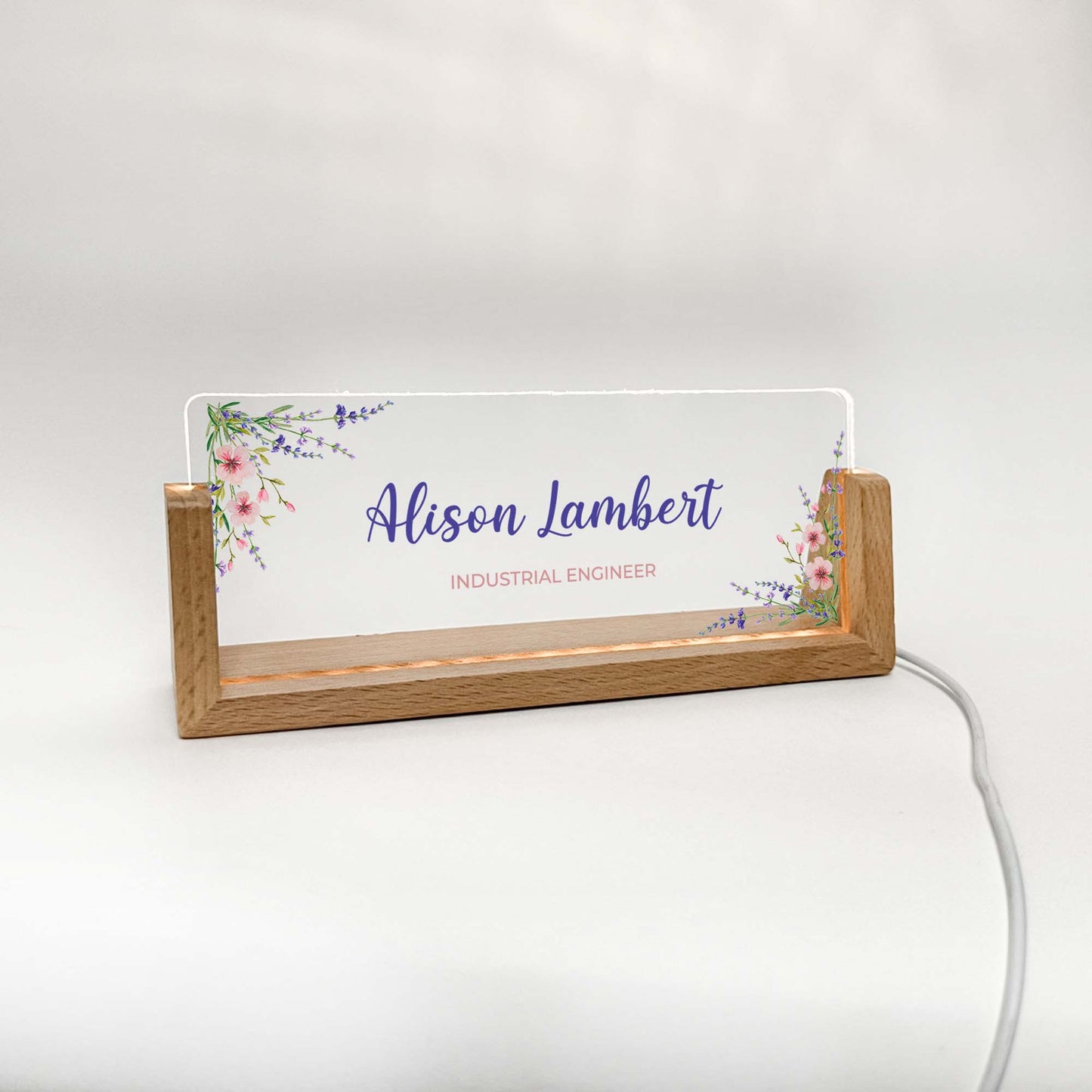 Personalized Desk Name Plate With Wooden Base, Purple colored flowers, Lighted LED Light Nameplate, Desk Accessories, Office Gifts for Boss Coworkers, New Job Gifts