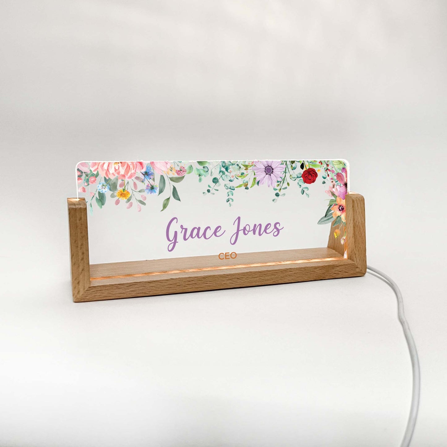 Personalized Desk Name Plate With Wooden Base, Different colored flowers, Lighted LED Light Nameplate, Desk Accessories, Office Gifts for Boss Coworkers, New Job Gifts