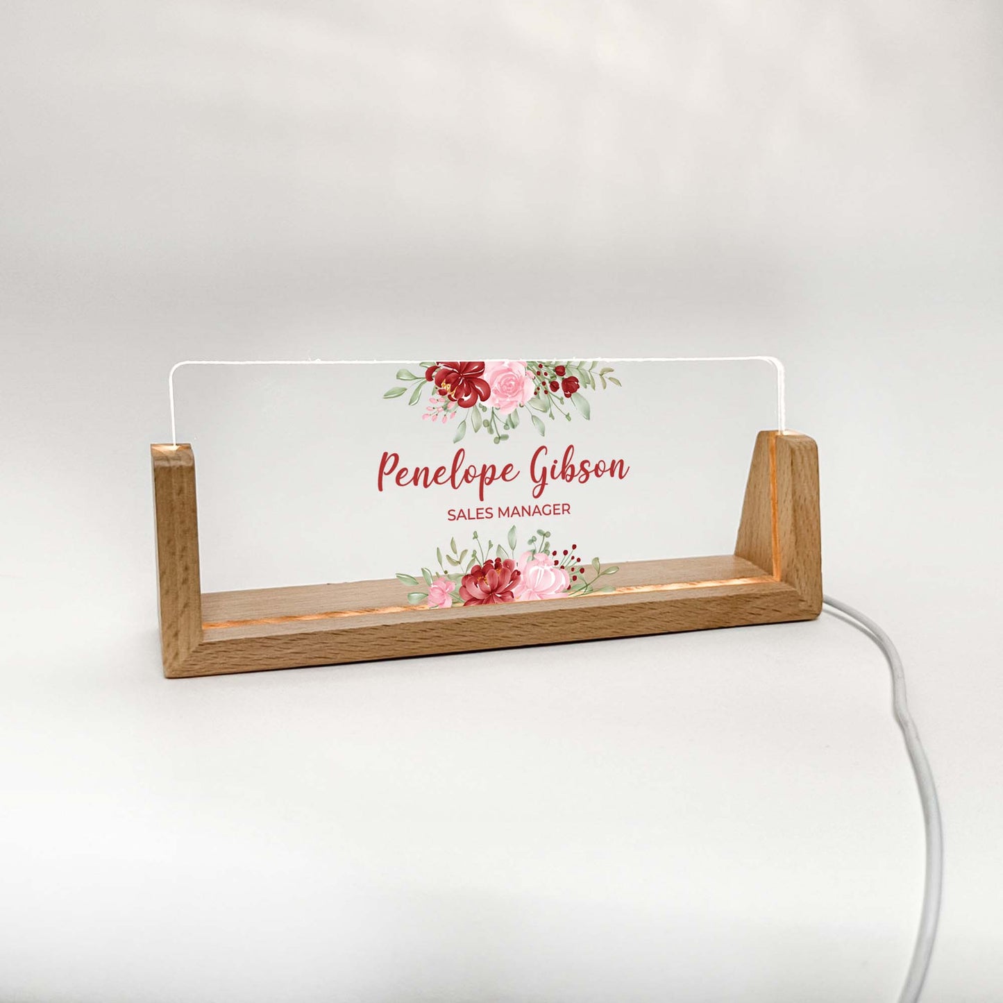 Personalized Desk Name Plate With Wooden Base and red and pink flowers, Lighted LED Light Nameplate, Desk Accessories, Office Gifts for Boss Coworkers, New Job Gifts