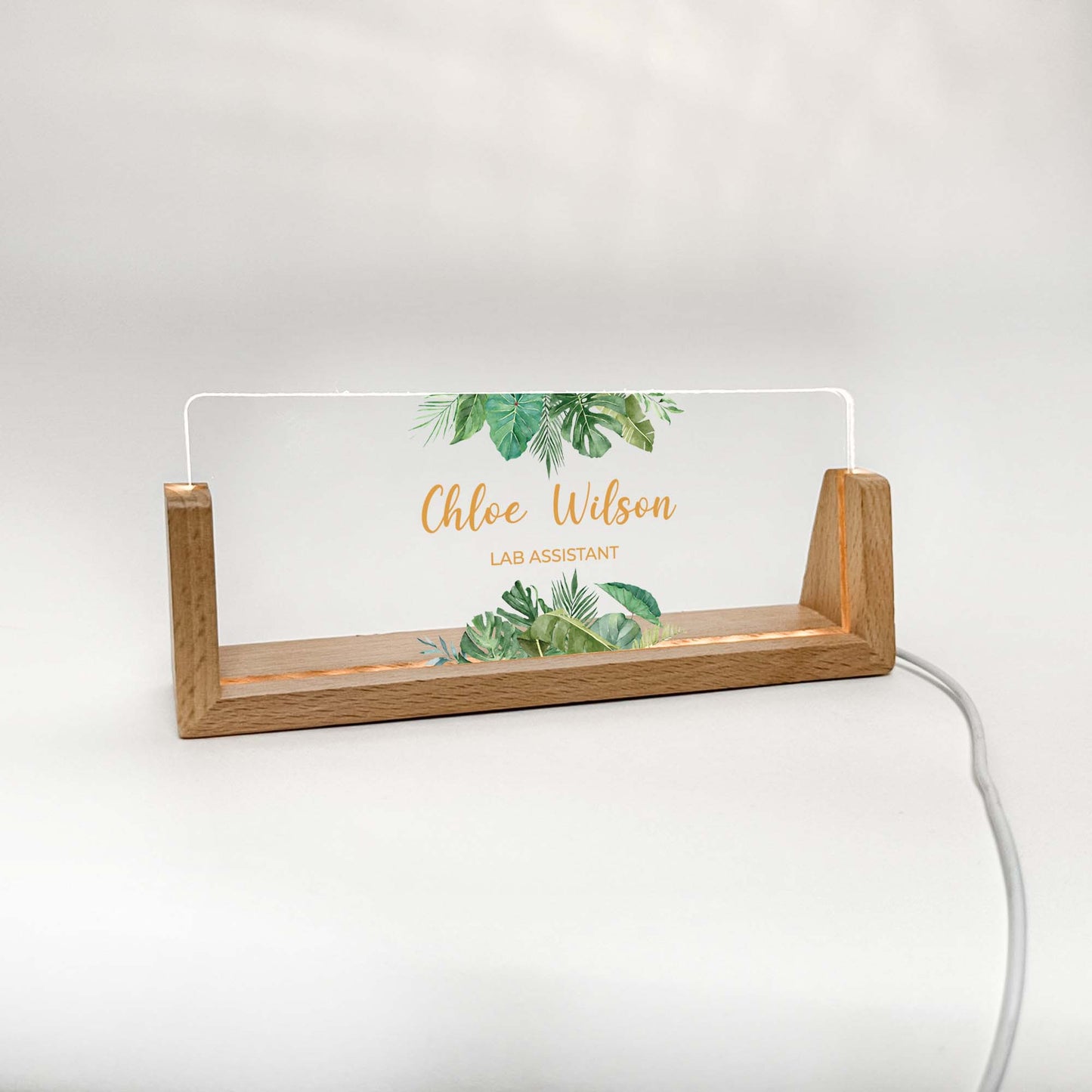 Personalized Desk Name Plate With Wooden Base and leaves, Lighted LED Light Nameplate, Desk Accessories, Office Gifts for Boss Coworkers, New Job Gifts