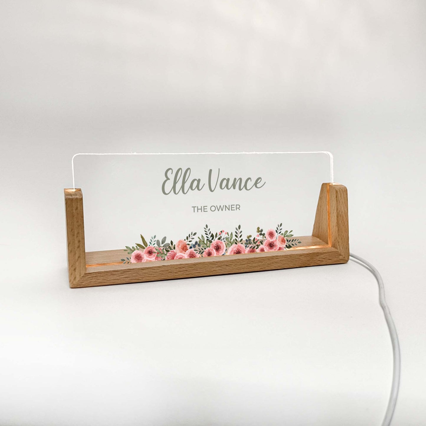 Personalized Desk Name Plate With Wooden Base, pink flowers on the bottom, Lighted LED Light Nameplate, Desk Accessories, Office Gifts for Boss Coworkers, New Job Gifts