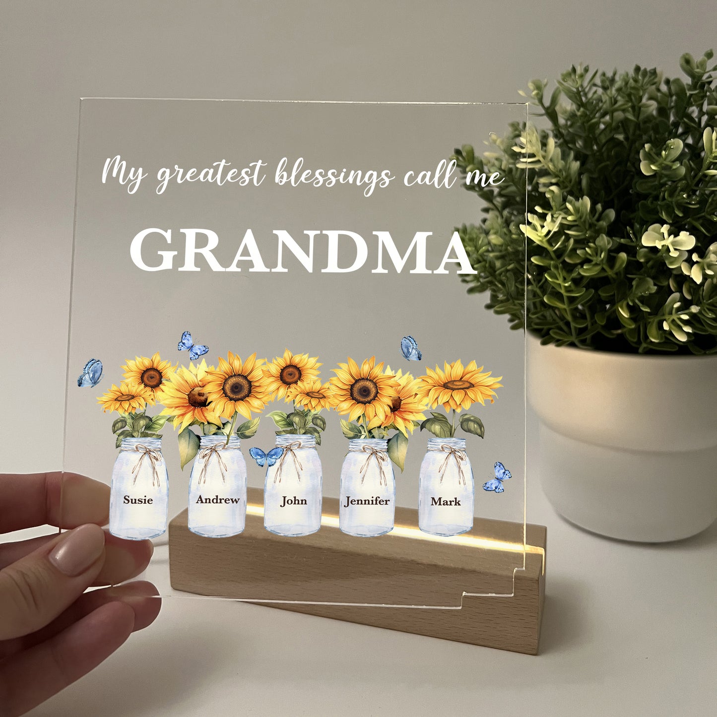 Custom LED Wood Stand Sunflower Personalized Gift Night Light Up Lamp My Greatest Blessings Call Me Grandma, Nana Mema Children's Name & DOB